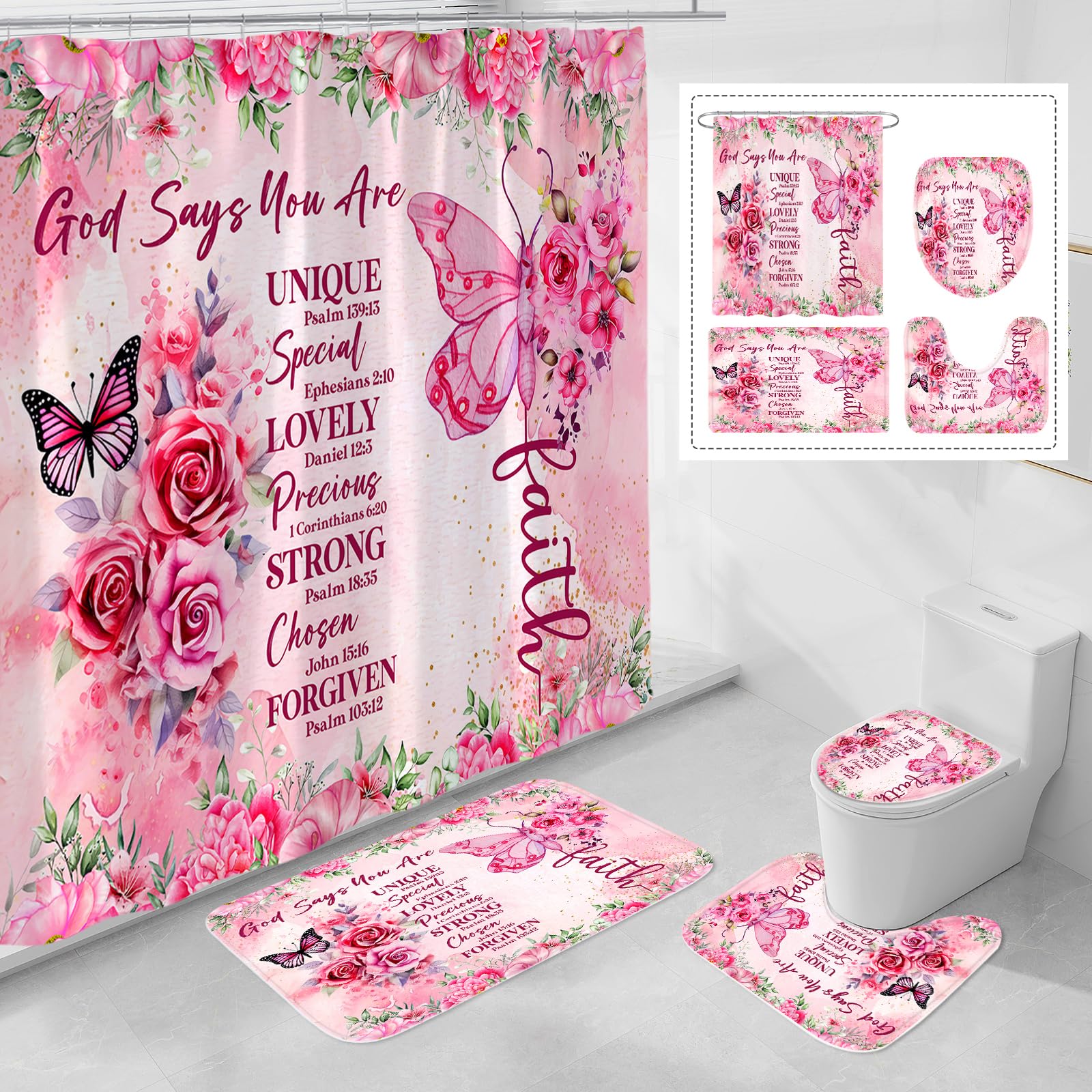 Litabel 4 Pcs Pink Butterfly Inspirational Quotes Shower Curtain Set With Rugs And Toilet Lid Cover, Colorful Boho Waterproof Fa
