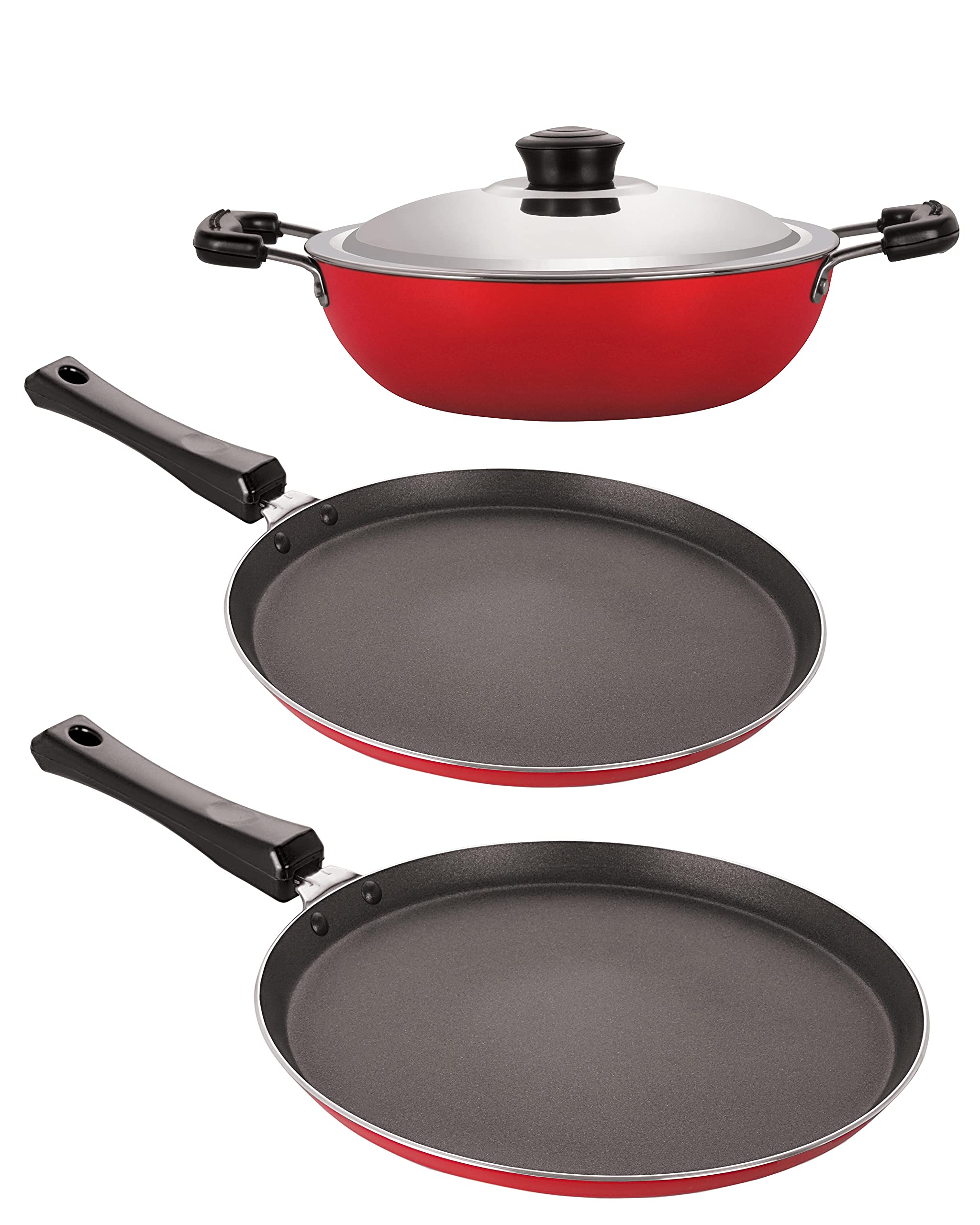 Set Of Tawas & Deep Kadai (Dosa Tawa 27.5Cm & 30Cm, Deep Kadai With Steel Lid 2.6L) Aluminium NonStick Red & Black