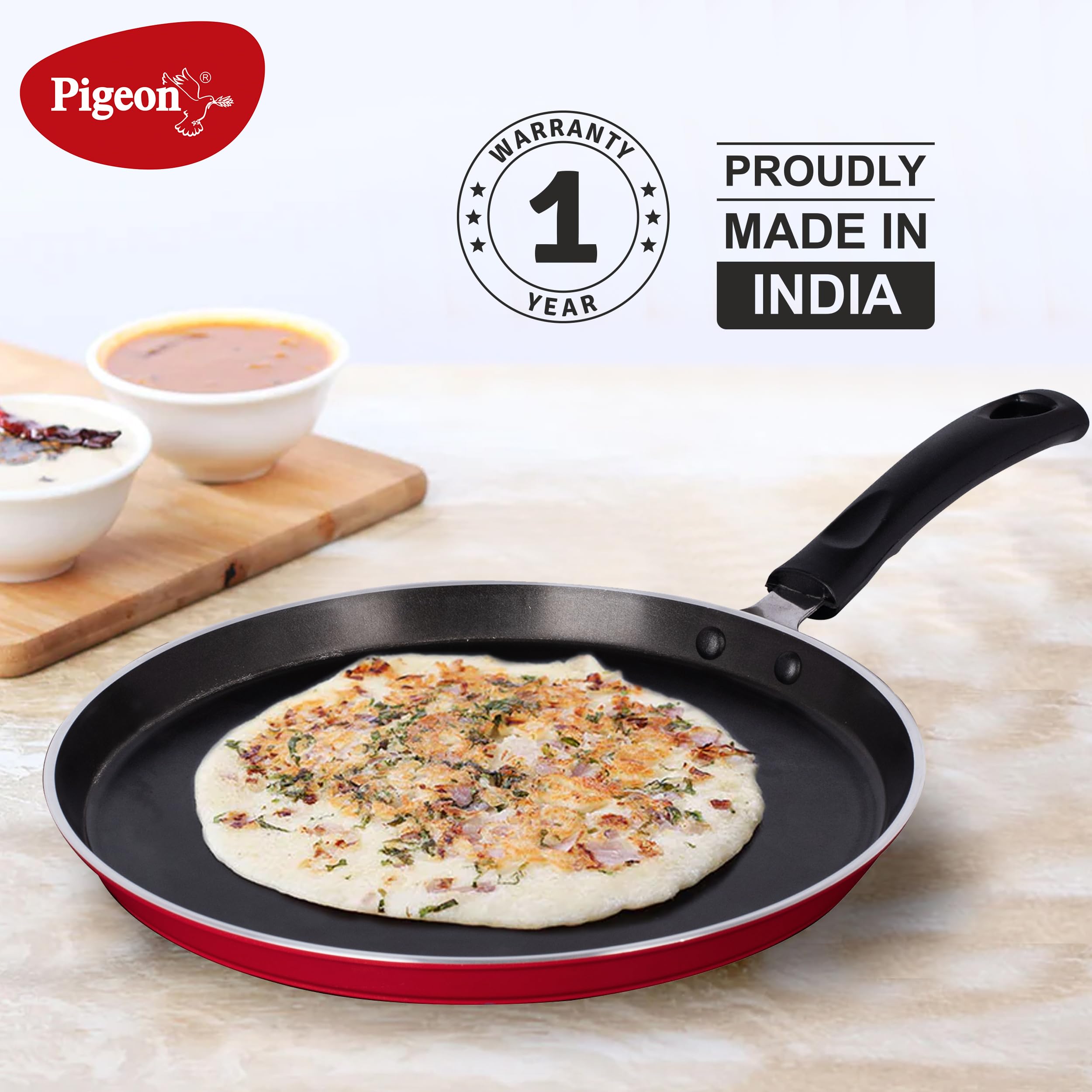 Pigeon by Stovekraft Basics Aluminium Non Stick, Non Induction Base Tawa, 28 Cm, Red