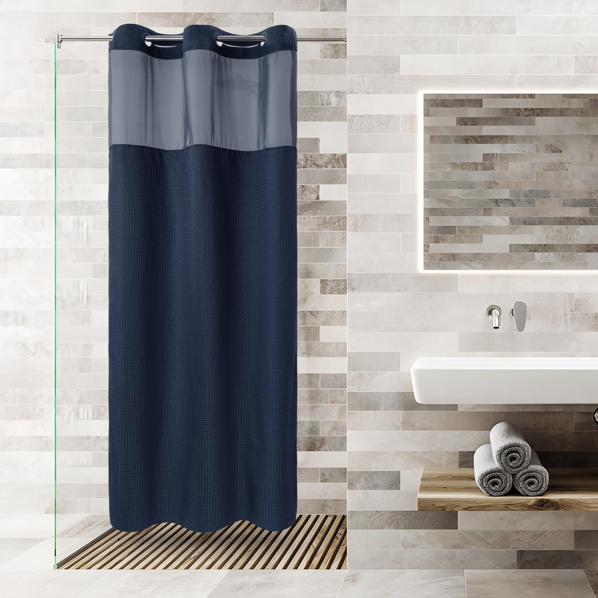 Stall No Hooks Required Waffle Weave Shower Curtain With Snap In Liner - 36W X 74H,Hotel Grade,Spa Like Bath Curtain,Navy