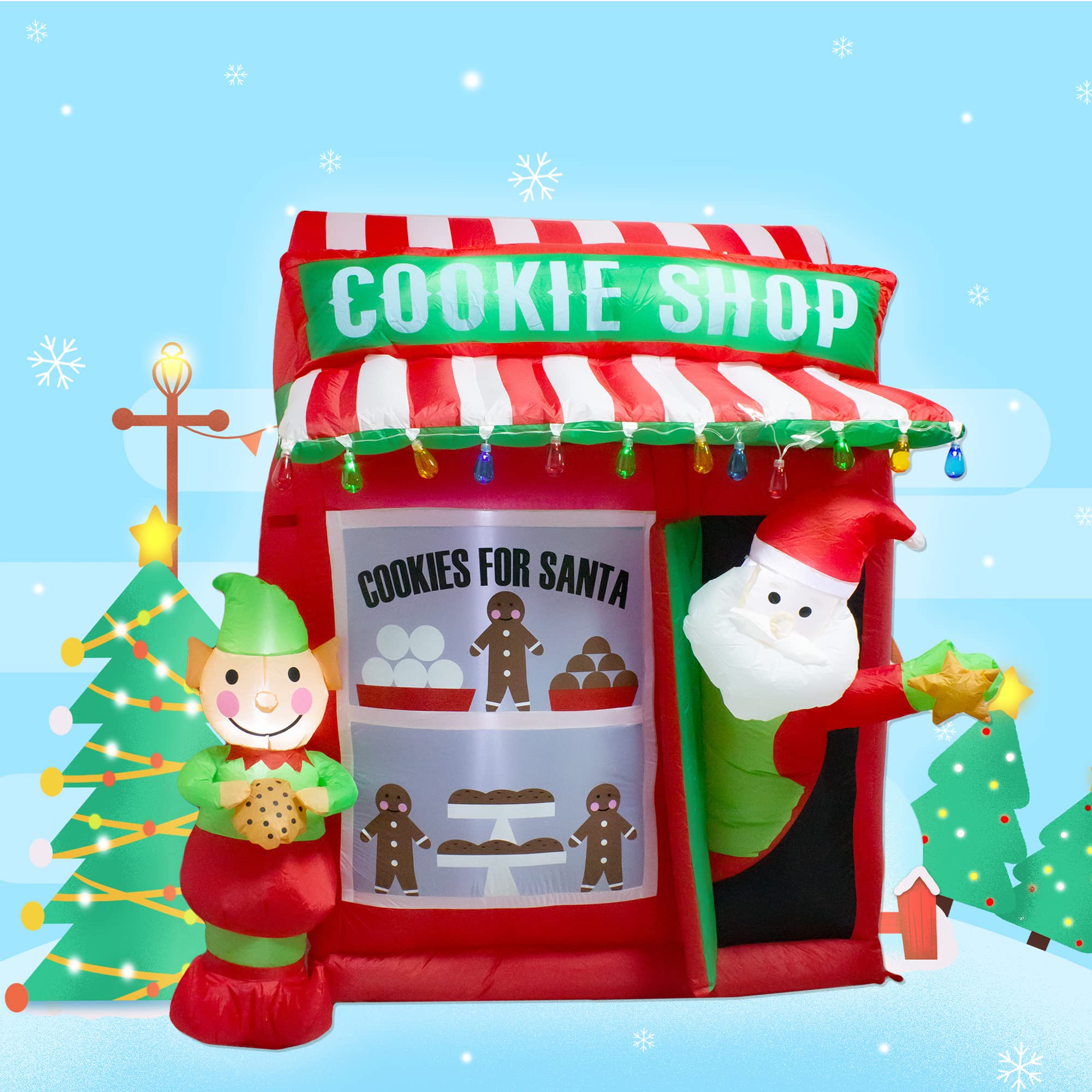 luxfcup 6FT Christmas Inflatable Santa Elf Cookie Shop Decoration with LED Lights Outdoor Yard Easter Blow Up Decorations Inflat