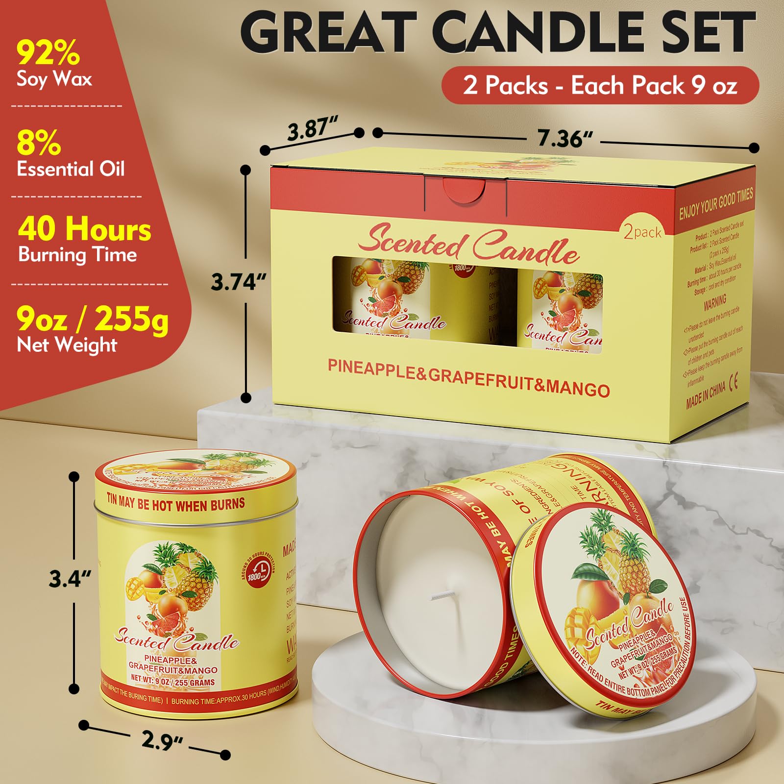 2 Pack Scented Candles (90 Total Burn Hours) - Soy Wax Candles 9 oz Each in Tin - Long Lasting Aromatherapy Candle Gift Set (Pin