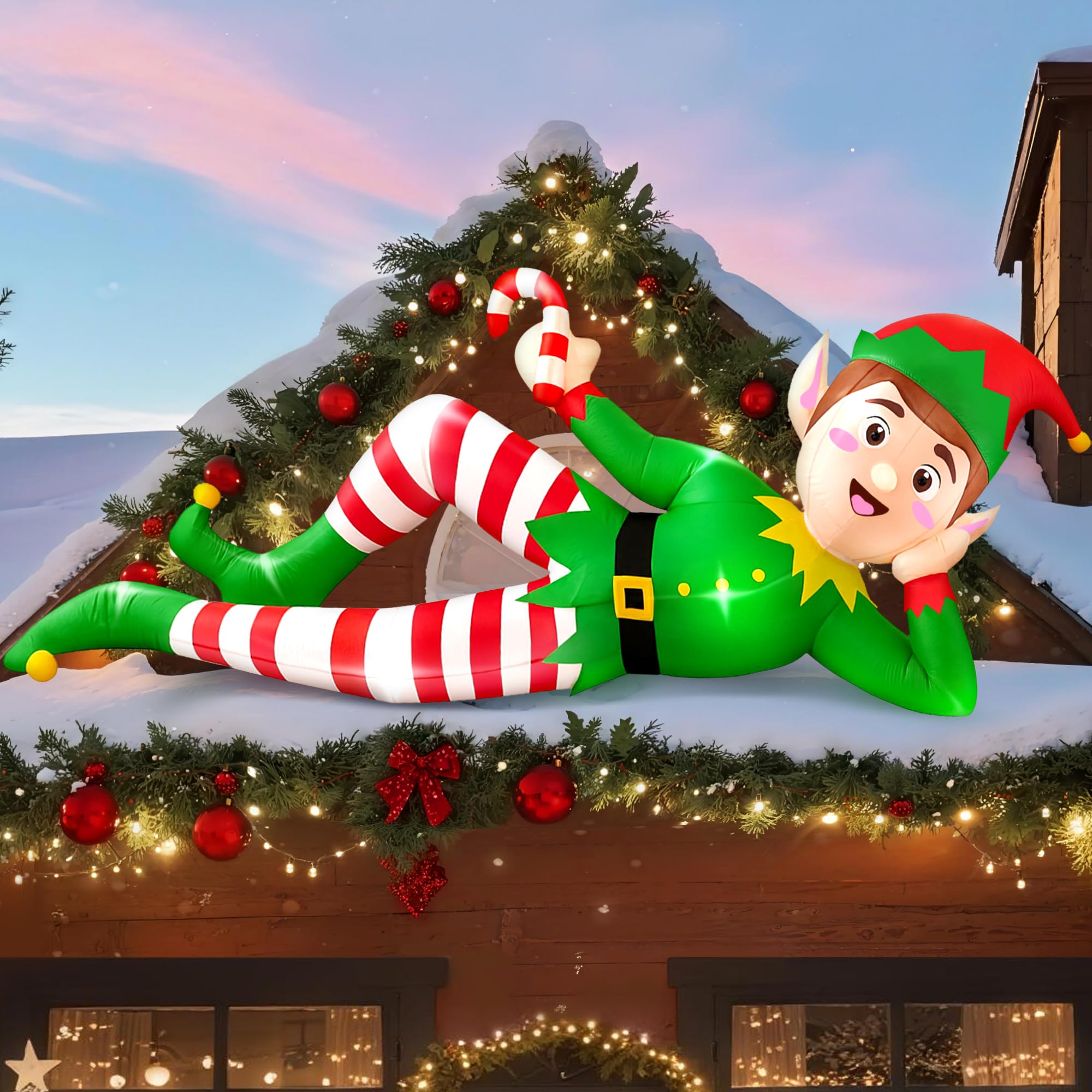CORALMEE 8 FT Christmas Inflatable Outdoor Decoration, Lying Elf Christmas Blow up Yard Decorations with LED Lights, Elf Inflata