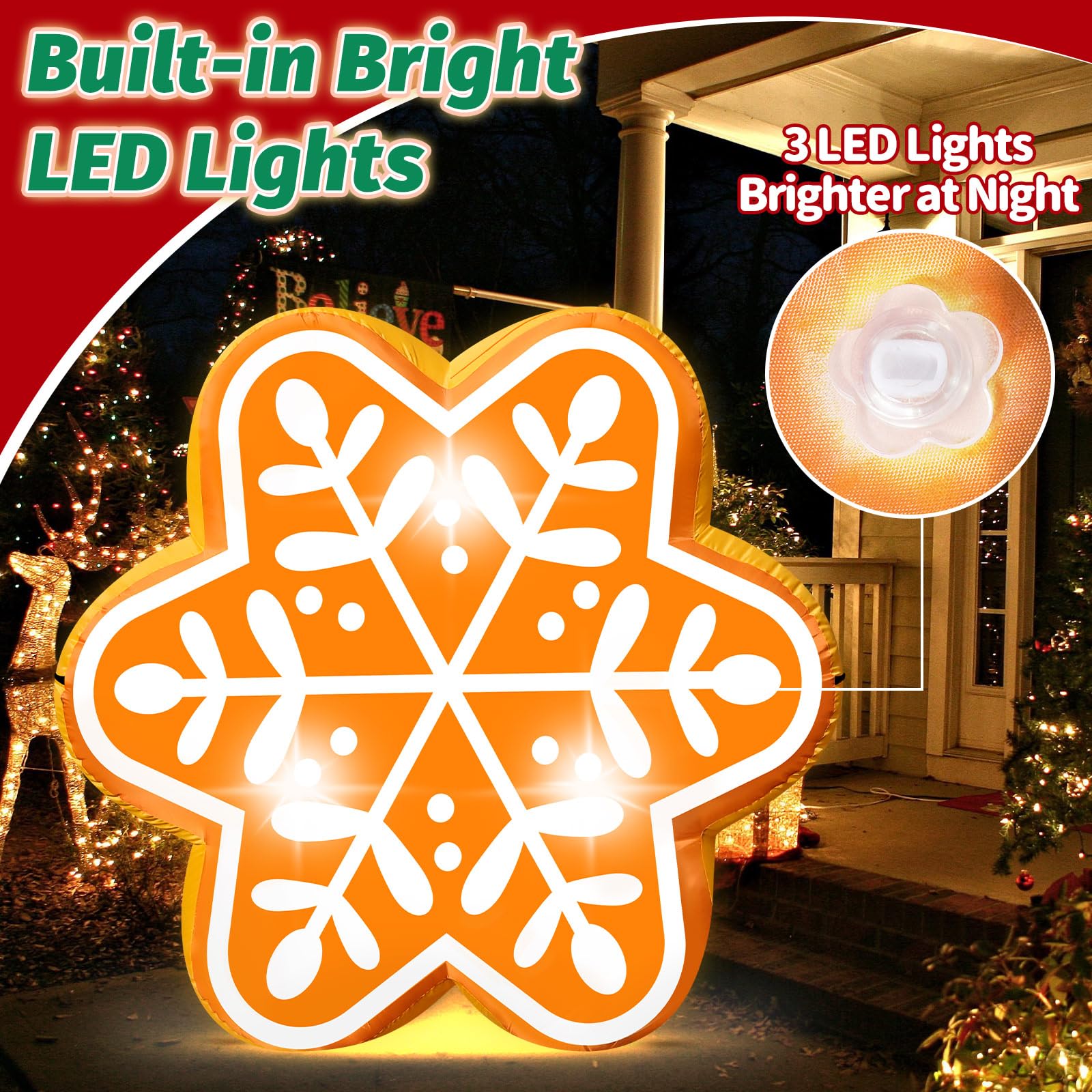 5FT Christmas Inflatable Snowflake Gingerbread Blow-up Giant Gingerbread Snowflake Built-in 3 LED Lights for Christmas Inflatabl