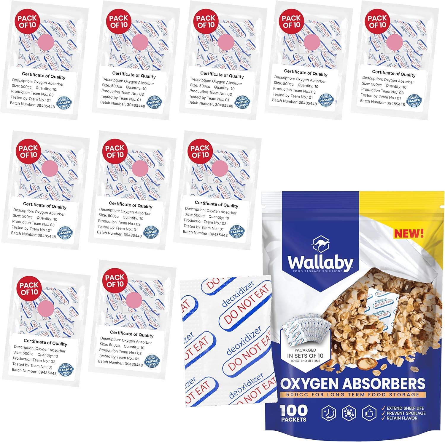Wallaby 500cc Oxygen Absorbers - 100 Count - for Long Term Food Storage & Survival, Mylar Bags, Canning, Harvest Right Freeze Dr