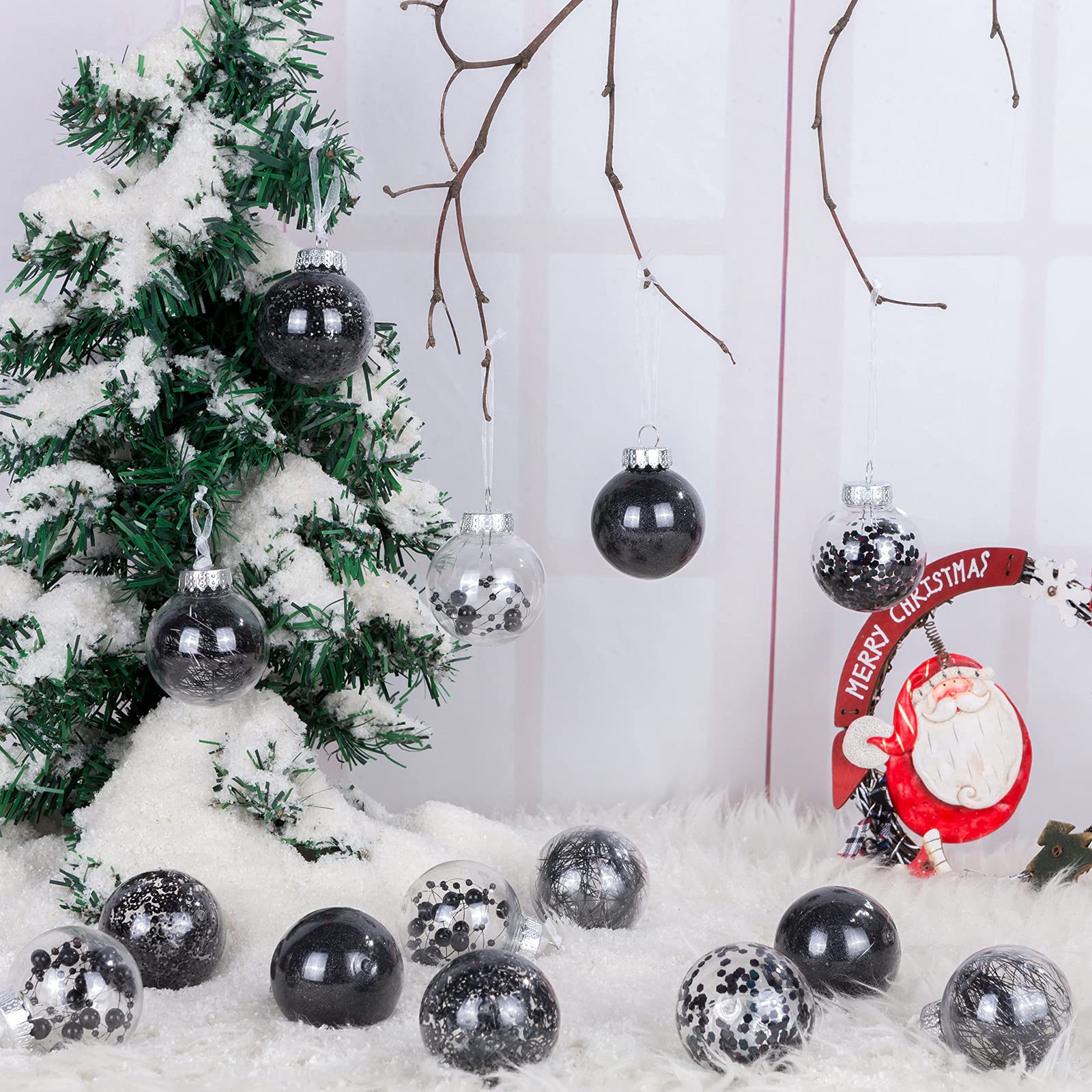 Luxtea 24ct Shatterproof Clear Christmas Ball Ornaments Decorative Xmas Baubles Delicate Balls Decorations (2.36''/60mm,Black)