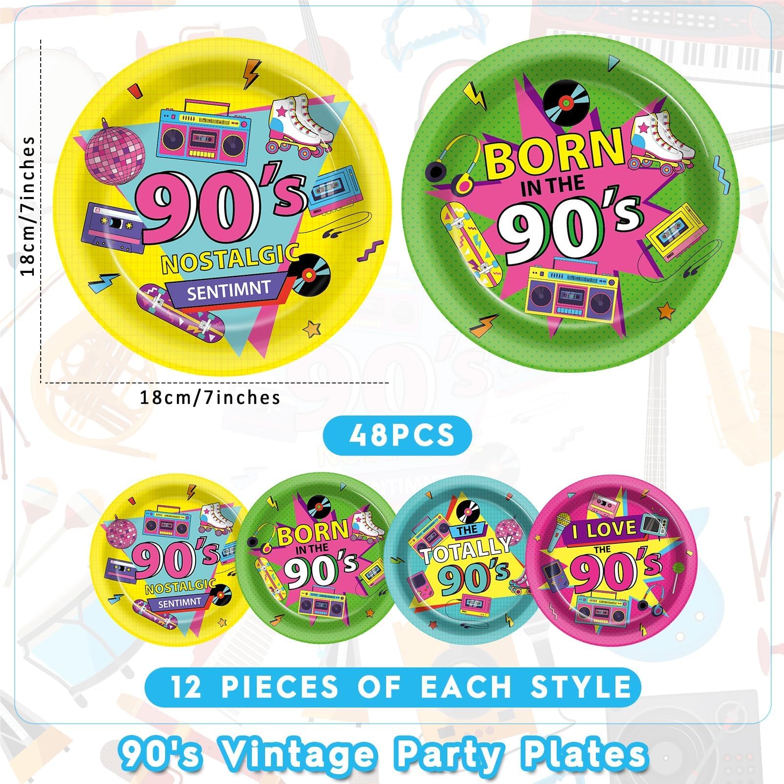 Chunnin 48Pcs 90'S Birthday Party Paper Retro I Love The 90S Themed Party Supplies 7'' Back To The 1990'S Music Birthday Party D