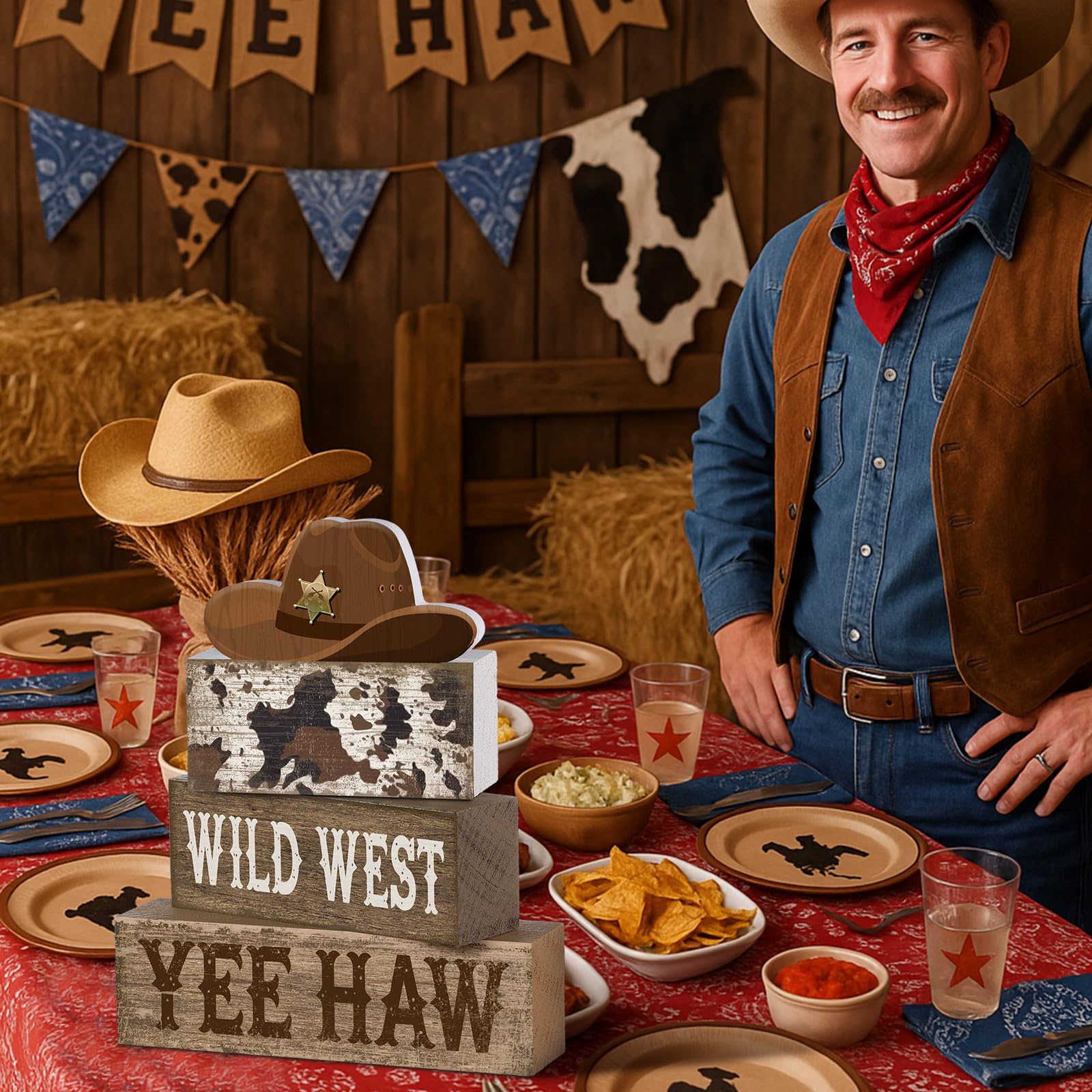 Yuntau 4 Pcs Western Tiered Tray Decorations Set Cowboy Hat Stack Block Signs Desert Farmhouse Rustic Tabletop Tiered Tray Decor