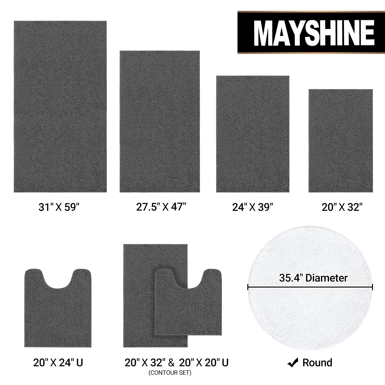 Mayshine Round Area Rug Set For Bathroom | Soft Plush Chenille Bath Mat, Water Absorbent Non-Slip Bathroom Rug | Washable Shag C