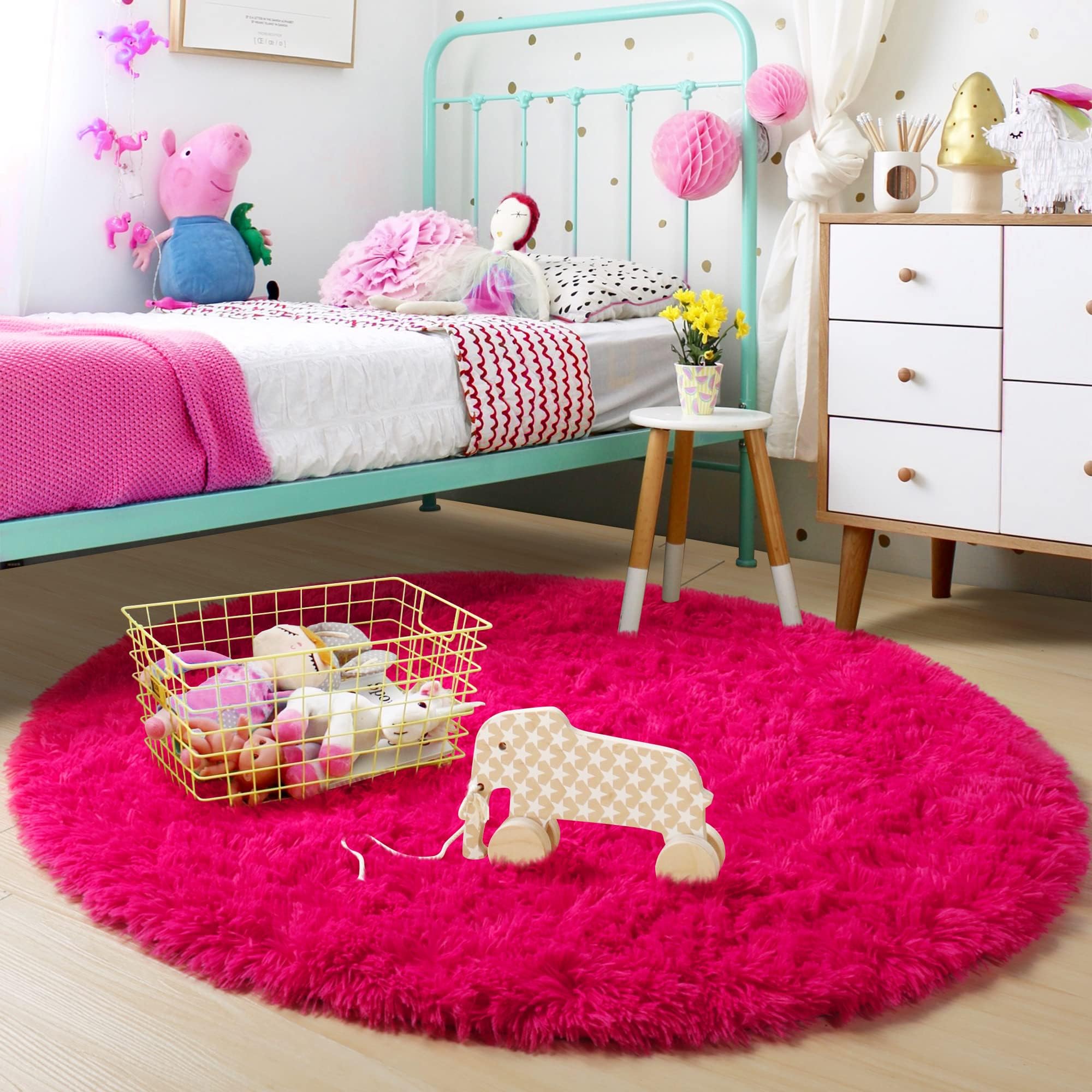 Hot Pink Round Circle Rug 6Ft for Girls Bedroom, Big Fluffy Area Rugs for Kids Room Decor Aesthetic, Shag Plush Fuzzy Furry Carp