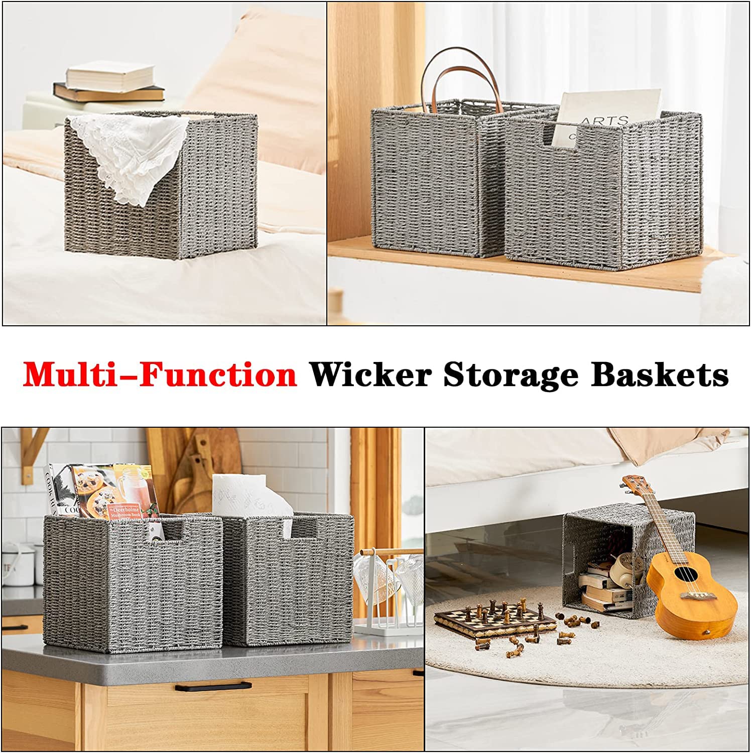 Vagusicc Wicker Baskets, Set Of 2 Hand-Woven Paper Rope Storage Bins, Foldable Storage Cubes, Large Storage Baskets For Gifts Em