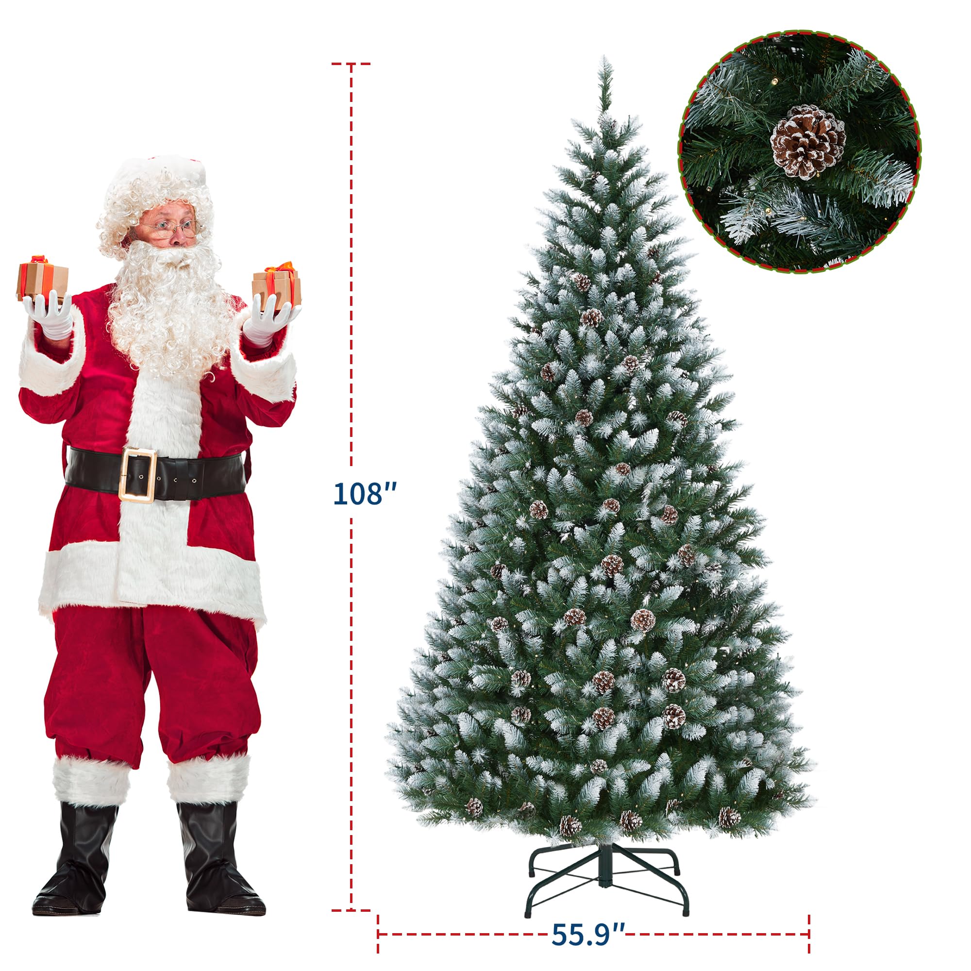 9FT Pre-Lit Artificial Christmas Tree,Christmas Pine Tree with Pine Cones,900 LEDs & 1738 Tips - Hinged Stand PVC Holiday Trees