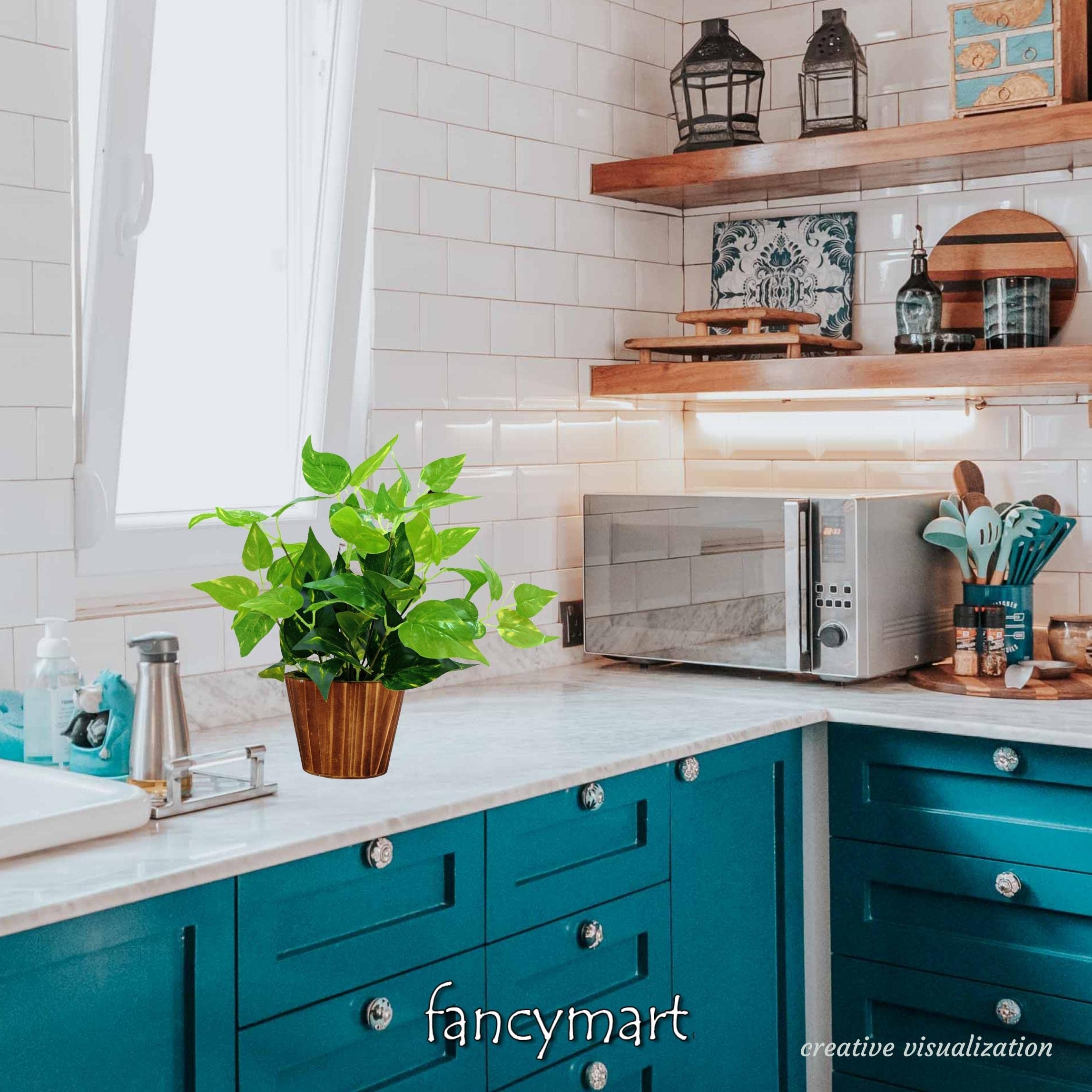 fancymart Artificial Money Plant Leaves in Wood Pot Pefect Decoration for Home & Office Space