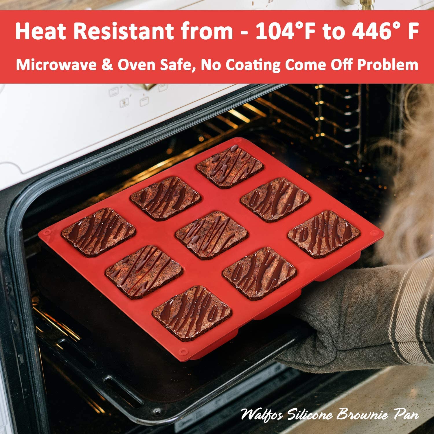 Walfos Silicone Brownie Pan, 9-Cavity Non-Stick Square Baking Pan, Perfect For Brownies, Cornbread, Muffin And Cakes, Bpa Free A