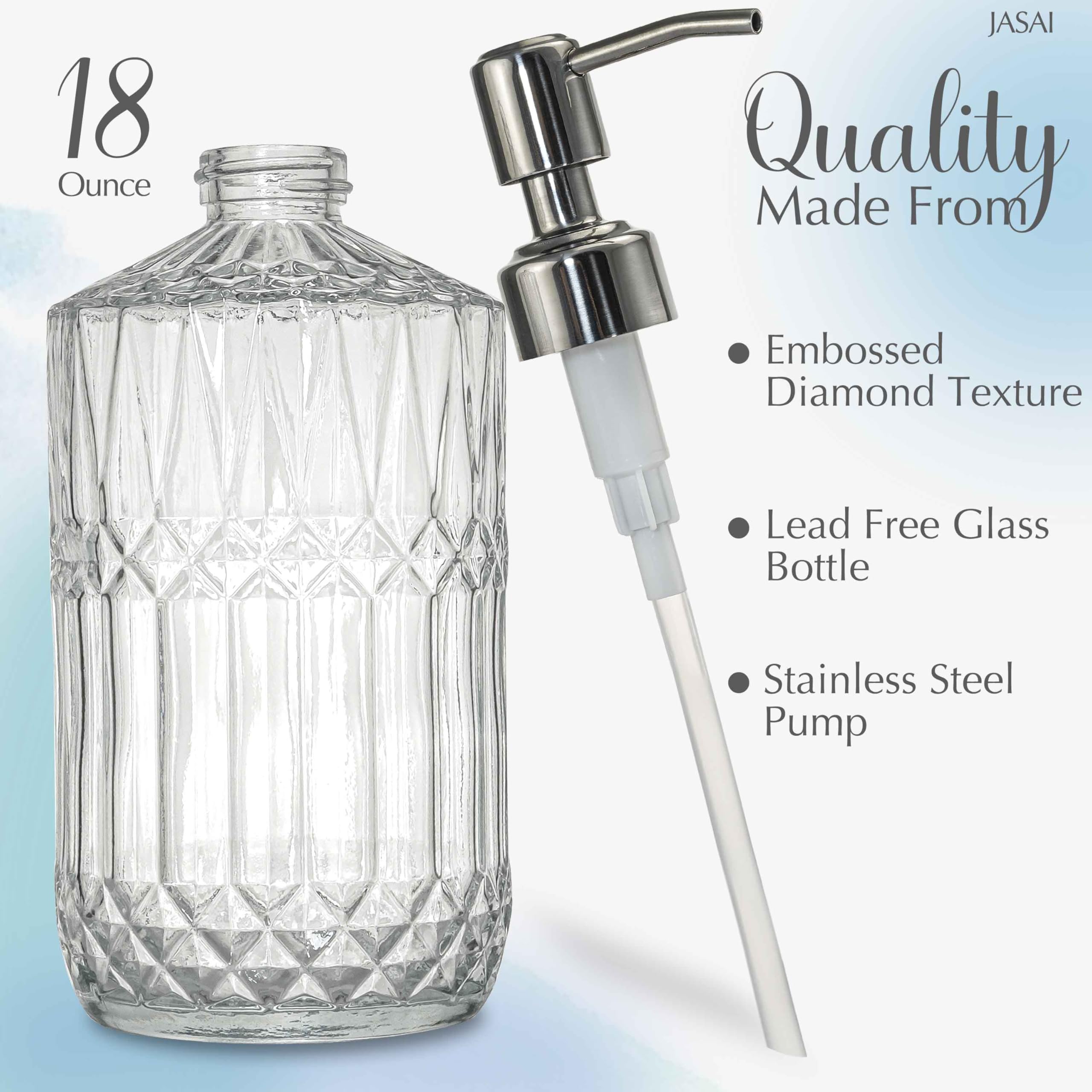 Jasai 18 Oz Embossed Clear Glass Soap Dispenser With Rust Proof Pump, Refillable Dish Soap Dispenser For Kitchen, Premium Bathro