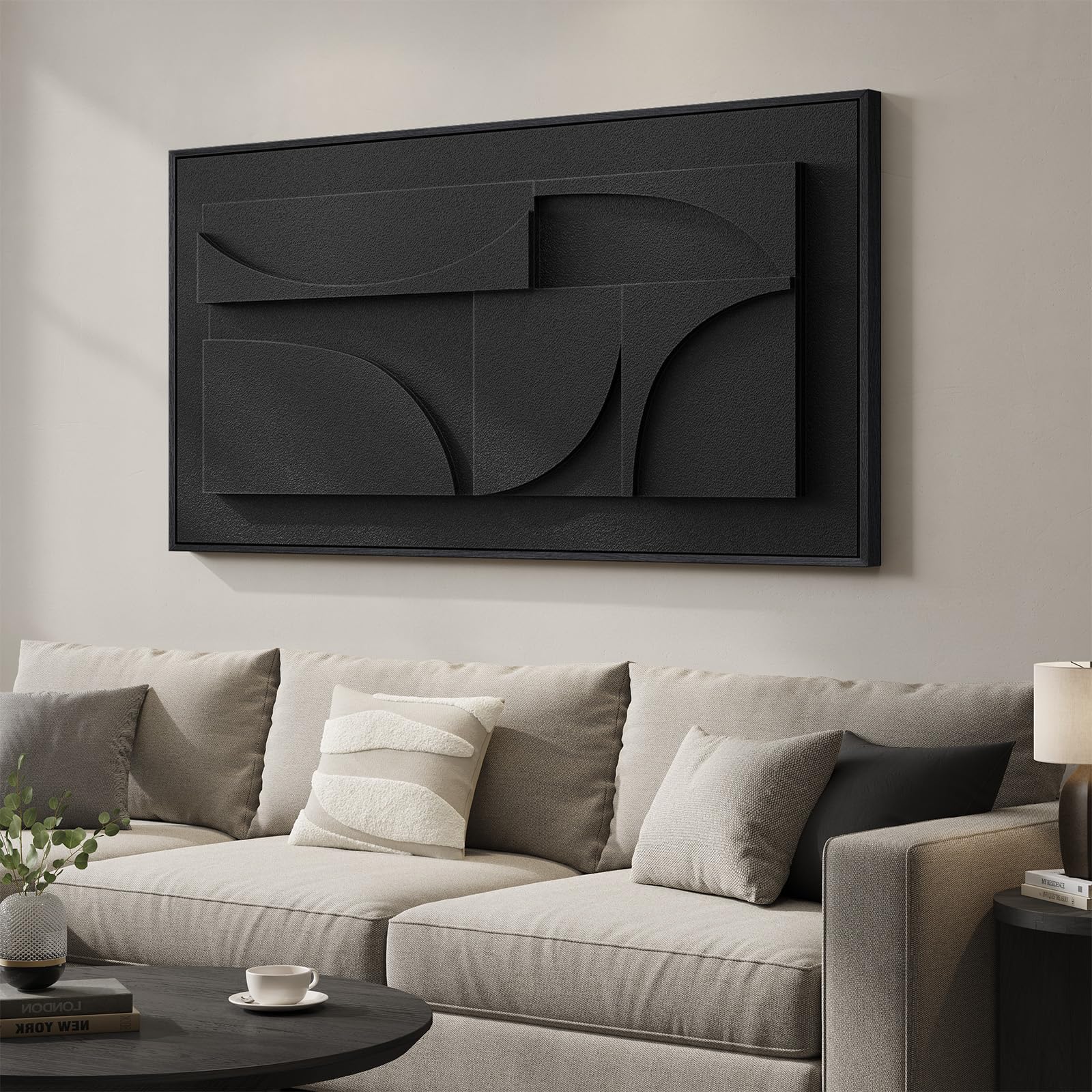 Large Framed 3D Textured Abstract Wall Art for Living Room, Horizontal Black Geometric Paintings Artwork for Walls, Modern Minim