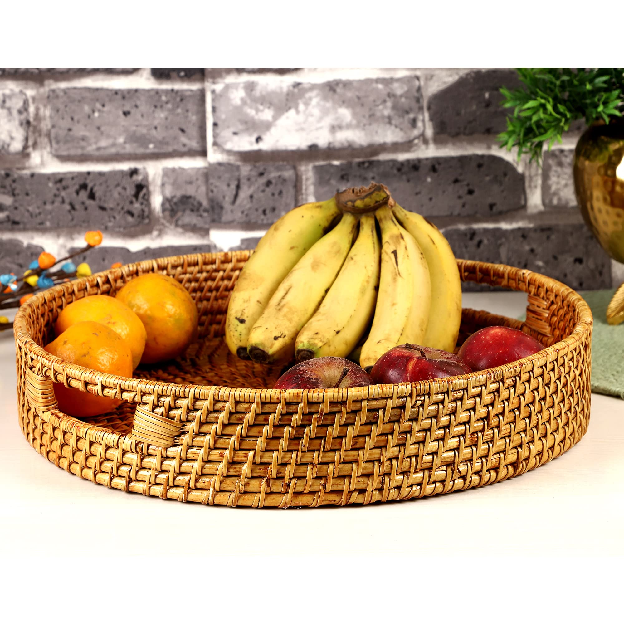 AKWAY Round Wicker Basket | Round Tray Wooden Serving Tray for Home | Serving Tray for Party Guests | Round Platter with Handles