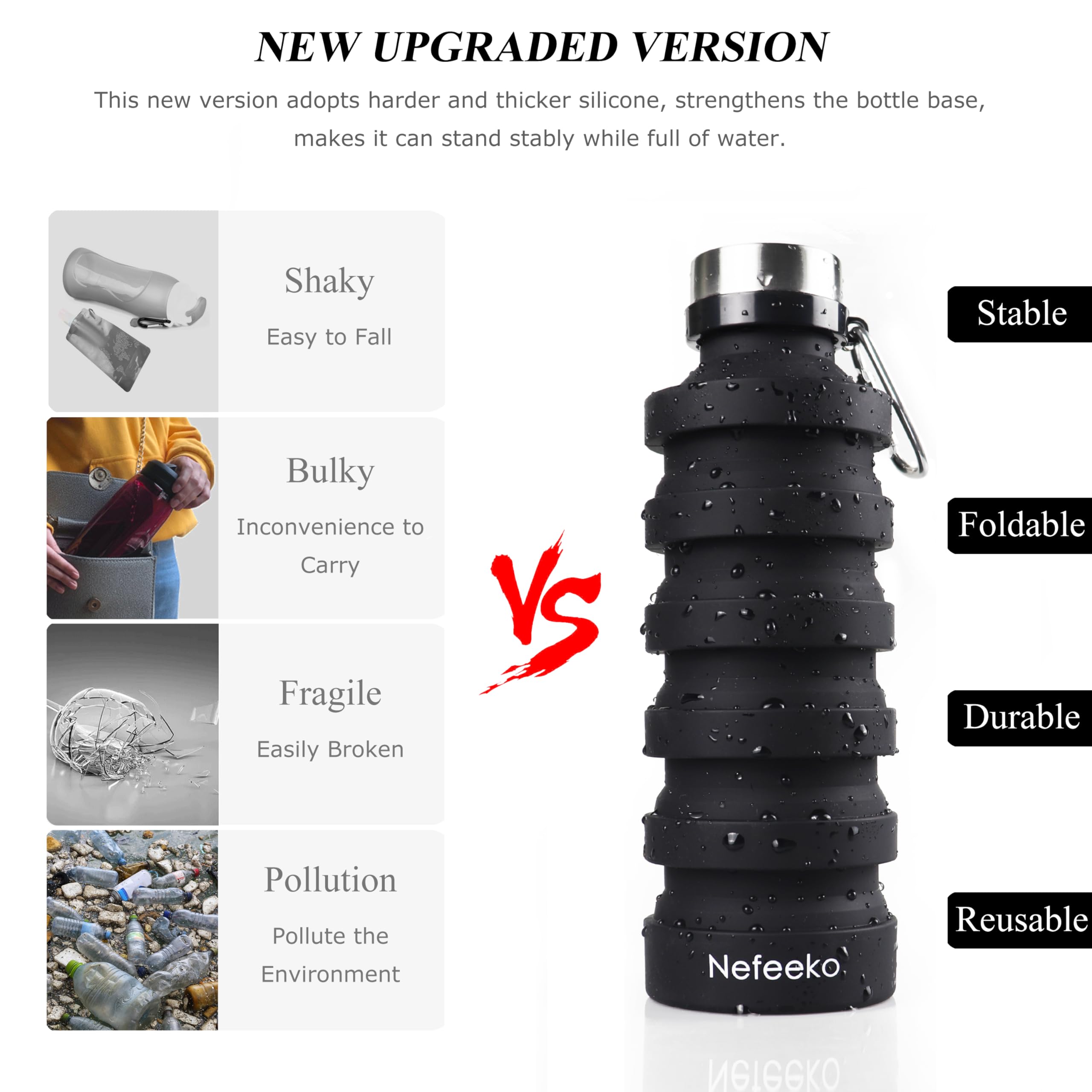 Nefeeko Collapsible Water Bottle, Reuseable Bpa Free Silicone Foldable Portable Leak Proof Sports Water Bottle With Carabiner Fo