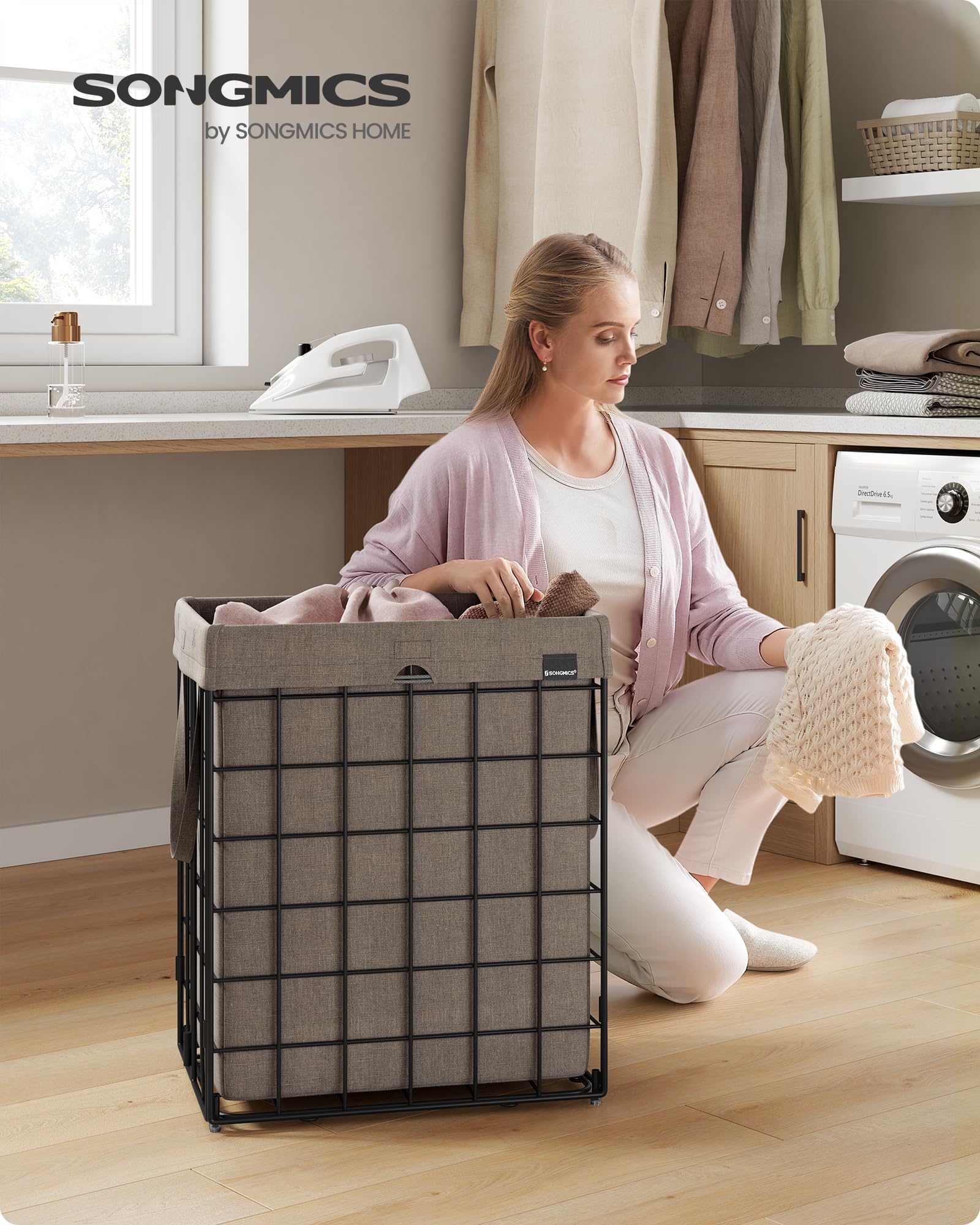 Songmics Laundry Hamper, 23.8 Gal (90L) Laundry Basket, Collapsible Clothes Hamper, Removable And Washable Liner, Metal Wire Fra