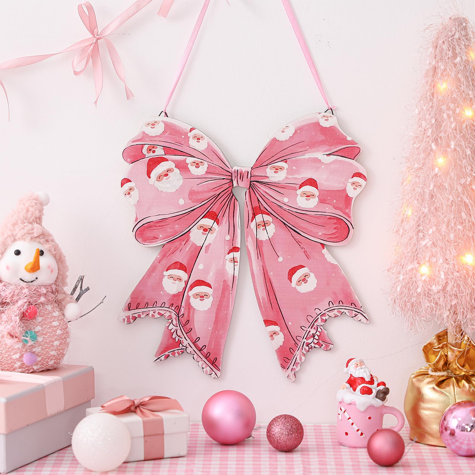 RattanView Santa Claus Pink Bow Wooden Hanging Sign Coquette Bow Wall Hanging Hanger Cute Christmas Preppy Wall Art Bowknot Welc