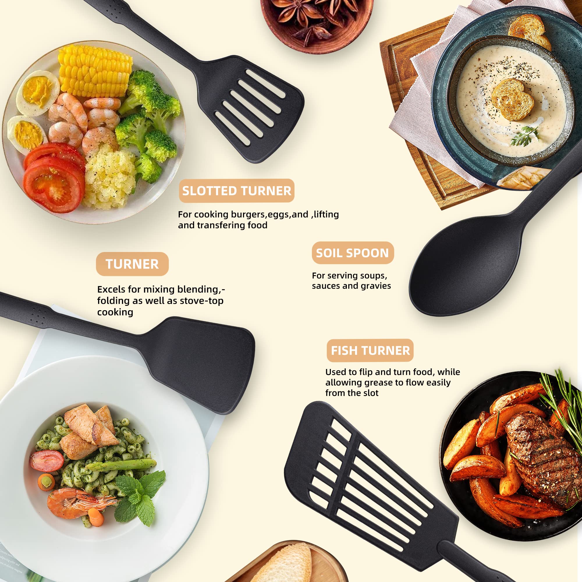 Kitchen Utensils Set, 7Pcs Cooking Utensils Set 410F Heat Resistant & Non-Stick Food Nylon Kitchen Gadgets Accessories For Cookw