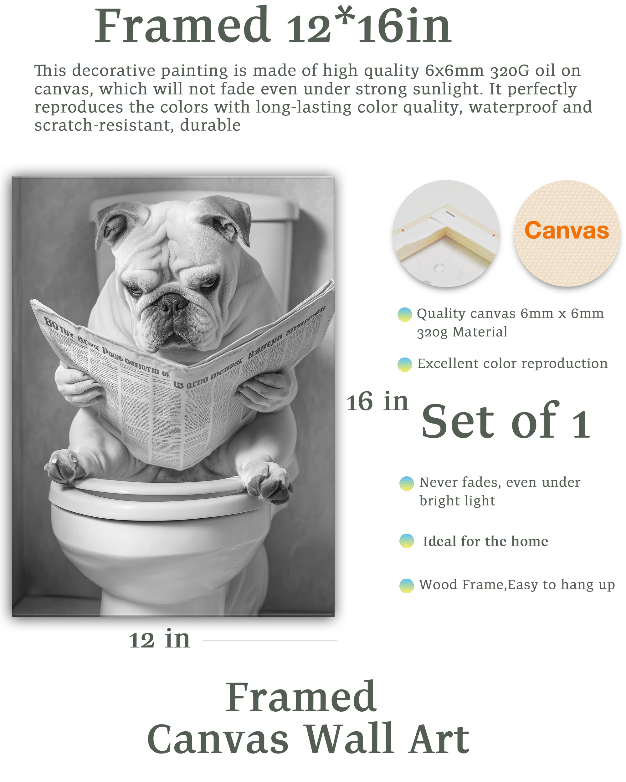Upwoigh Bathroom Wall Art, Black And White French Bulldog Dog Reading The Newspaper Wall Docer, Wood Framed Canvas Wall Art Anim