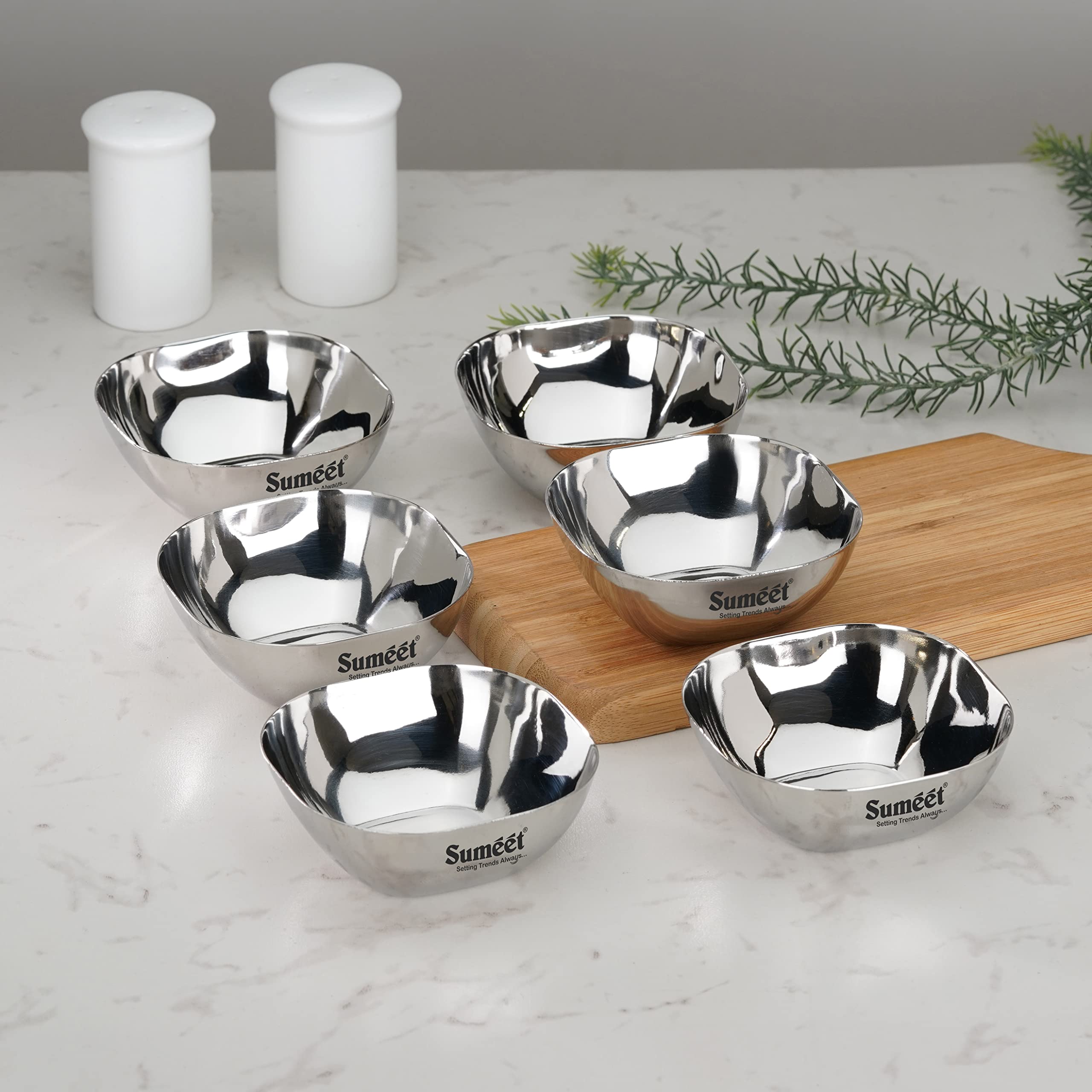 Sumeet Heavy Gauge Stainless Steel Apple Square Bowl Wati Katori with Mirror Finish - 9.5cm Dia  set of 6pc  200ML Each - Silver