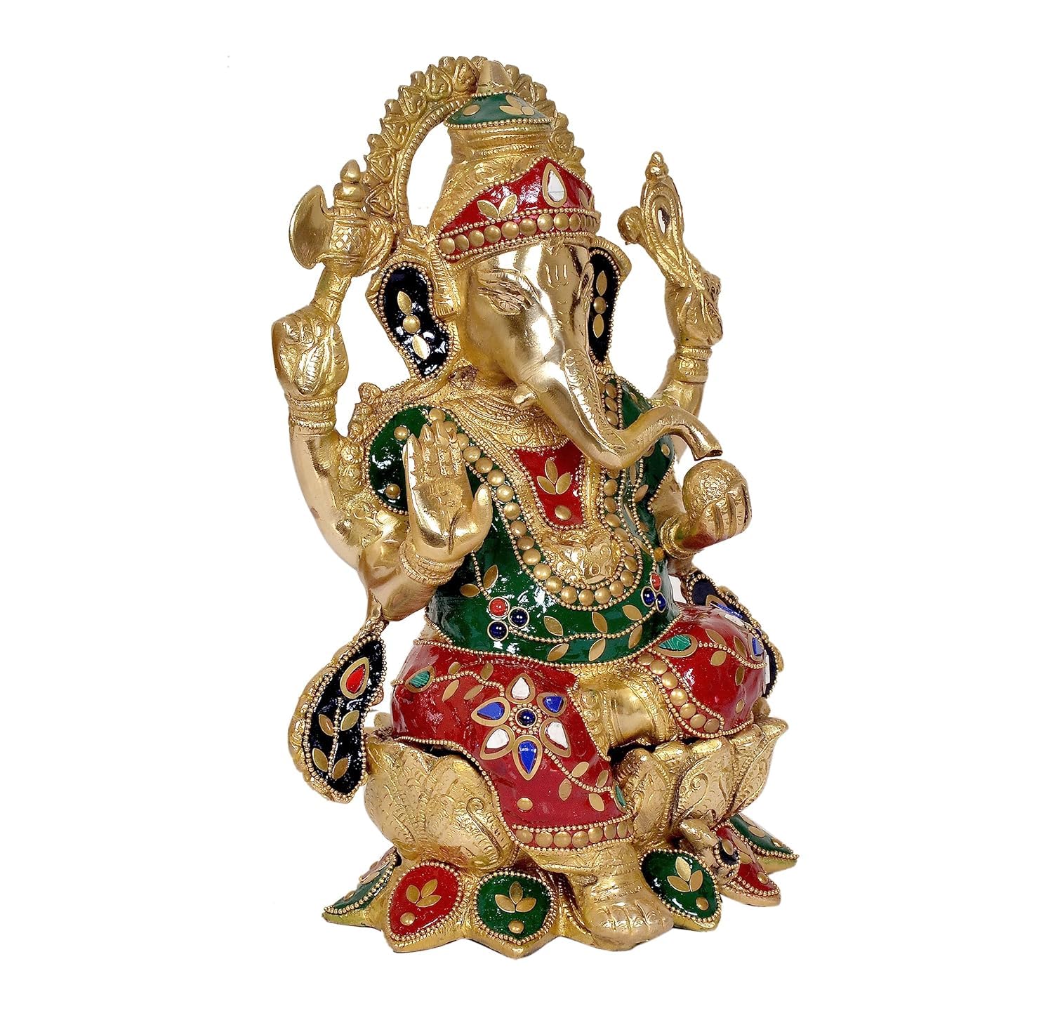 Dattatreya Brass Ganesha Ganesh Statue Idol Murti On Lotus For Home Decor | Height : 12 Inches