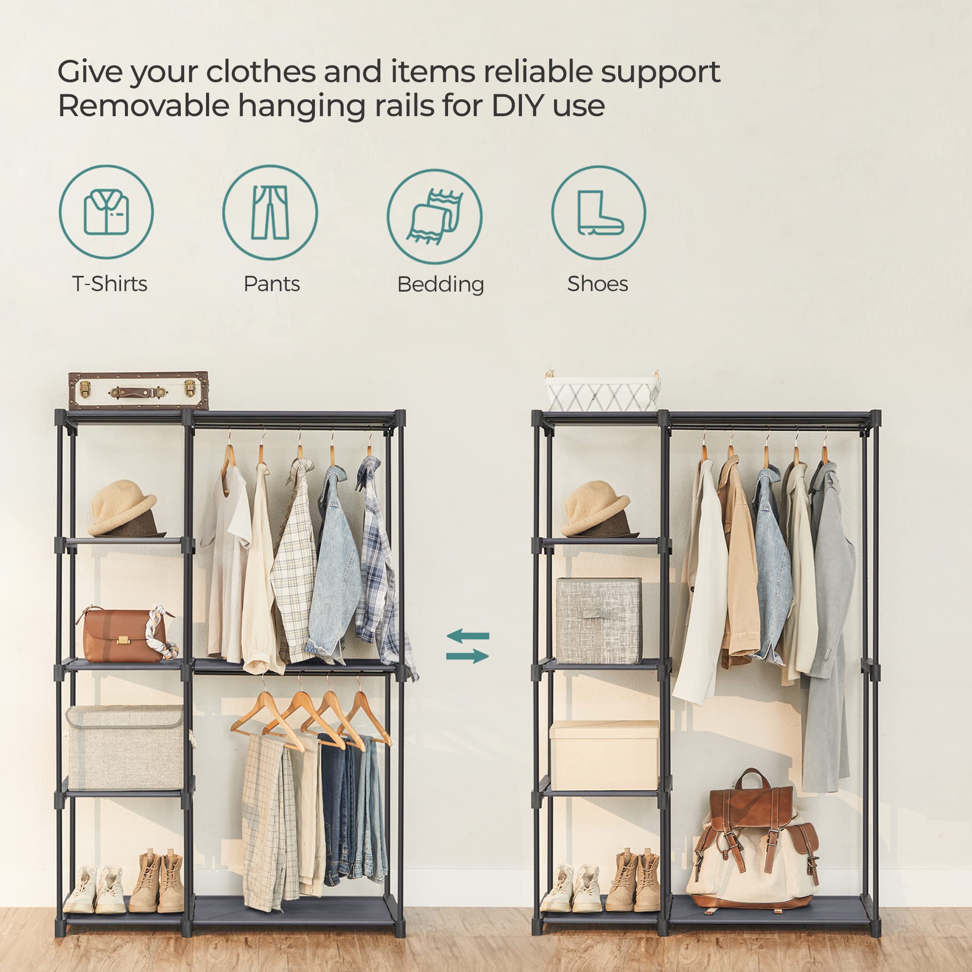 Songmics Freestanding Closet Organizer, Portable Wardrobe With 2 Hanging Rods, Clothes Rack, Storage Organizer, Cloakroom, Stabl