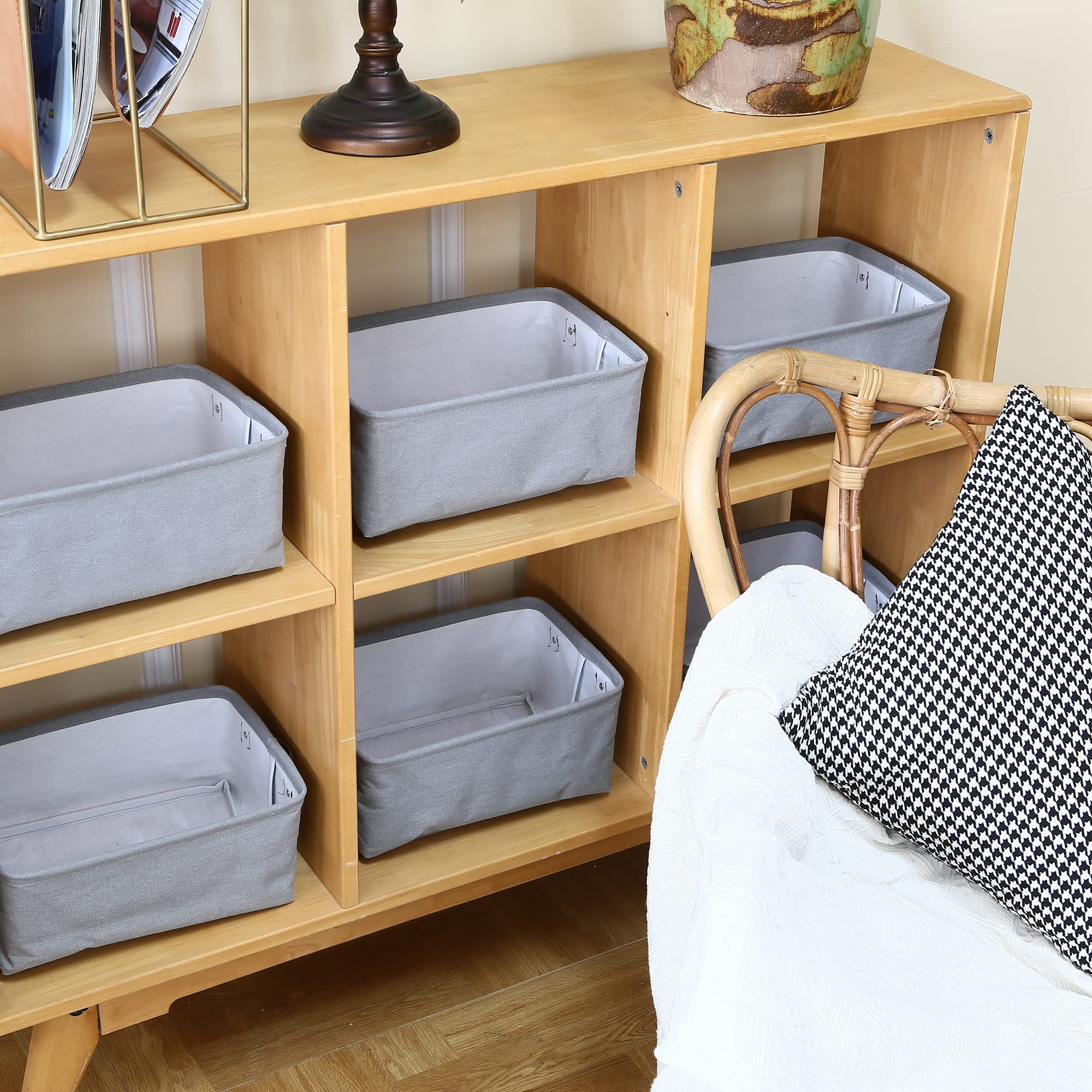 Hinwo 6-Pack Small Canvas Fabric Storage Baskets Set With Handles, Open Storage Bins, Cube Storage Organizer, Shelf Organizer Bi