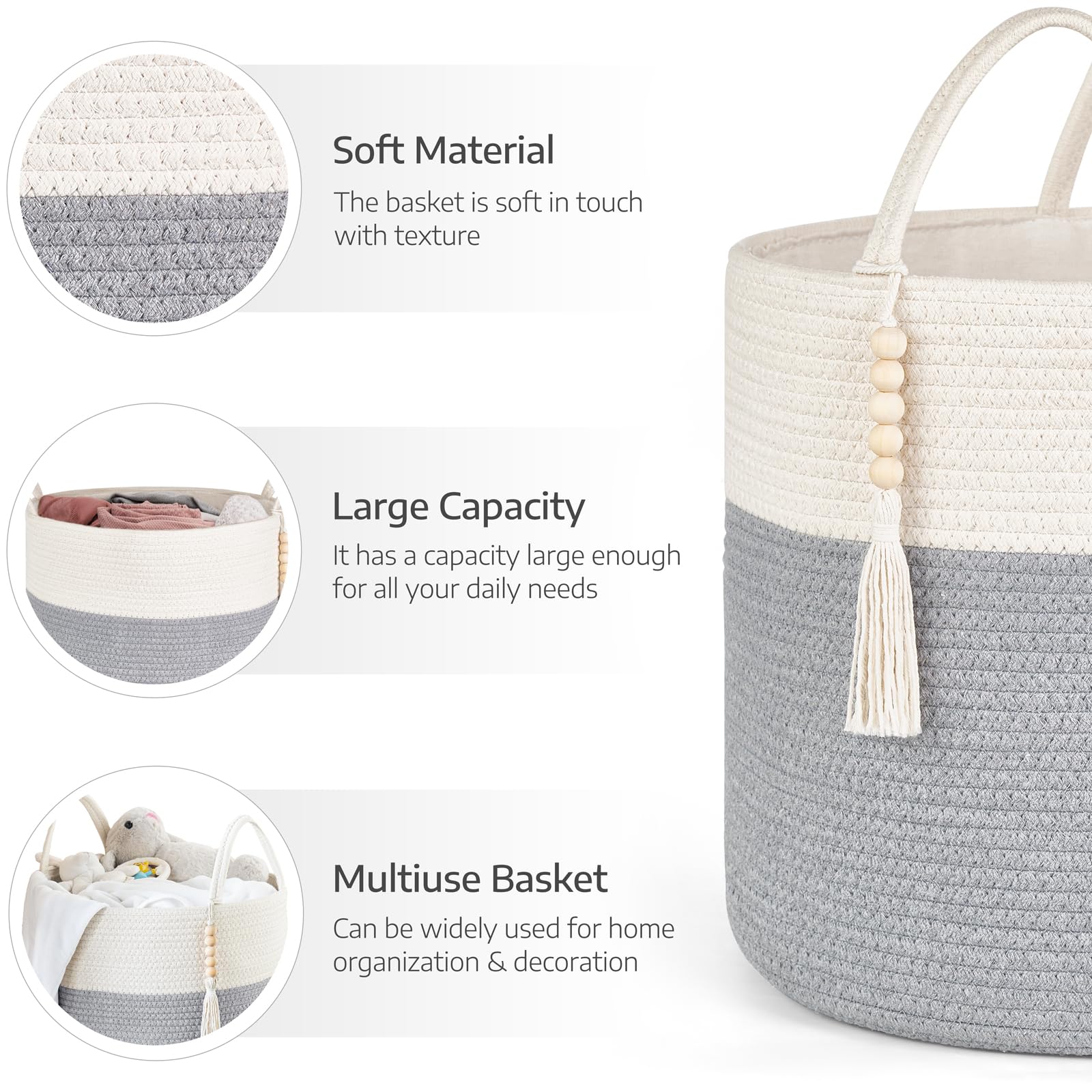Mkono Woven Storage Basket Decorative Rope Basket Wooden Bead Decoration For Blankets,Toys,Clothes,Plantorganizer Bin With Handl