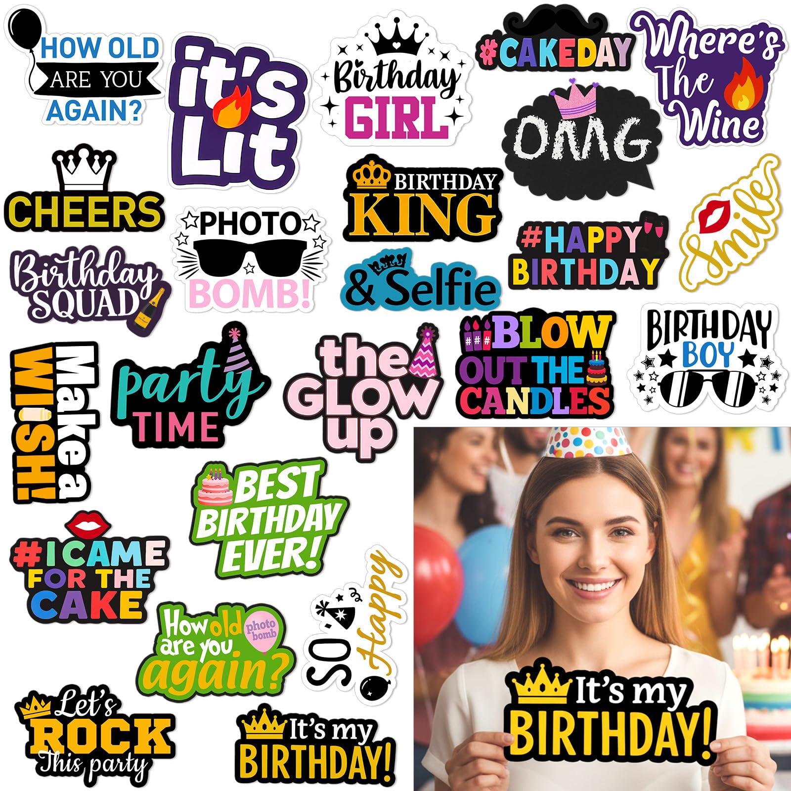 Beeveer 24 Pcs Birthday Photo Booth Props Single Sided 11.8 Photo Booth Props Birthday Parties Decorations Set DIY Water Proof 