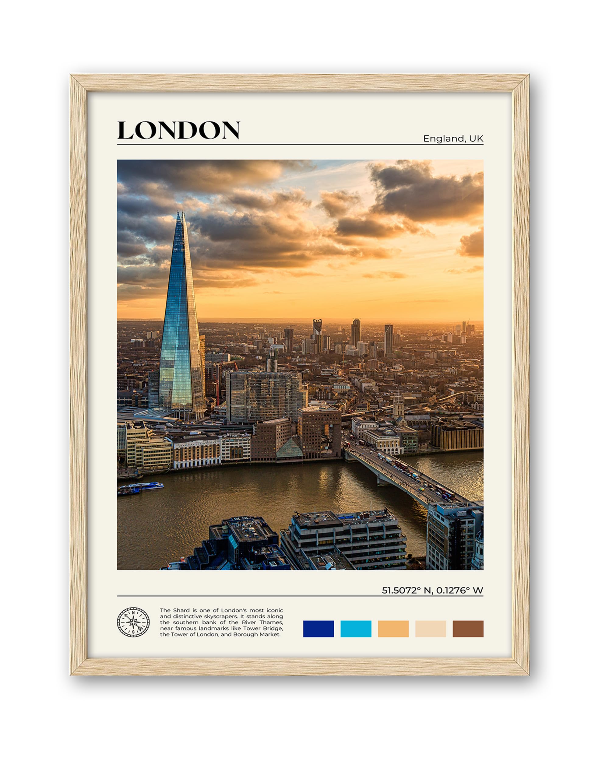 Hesendot Natural Oak Wood Framed London City Wall Art,12X16In Shard Landscape Canvas Wall Print Poster,Classic Urban Landmark Wa