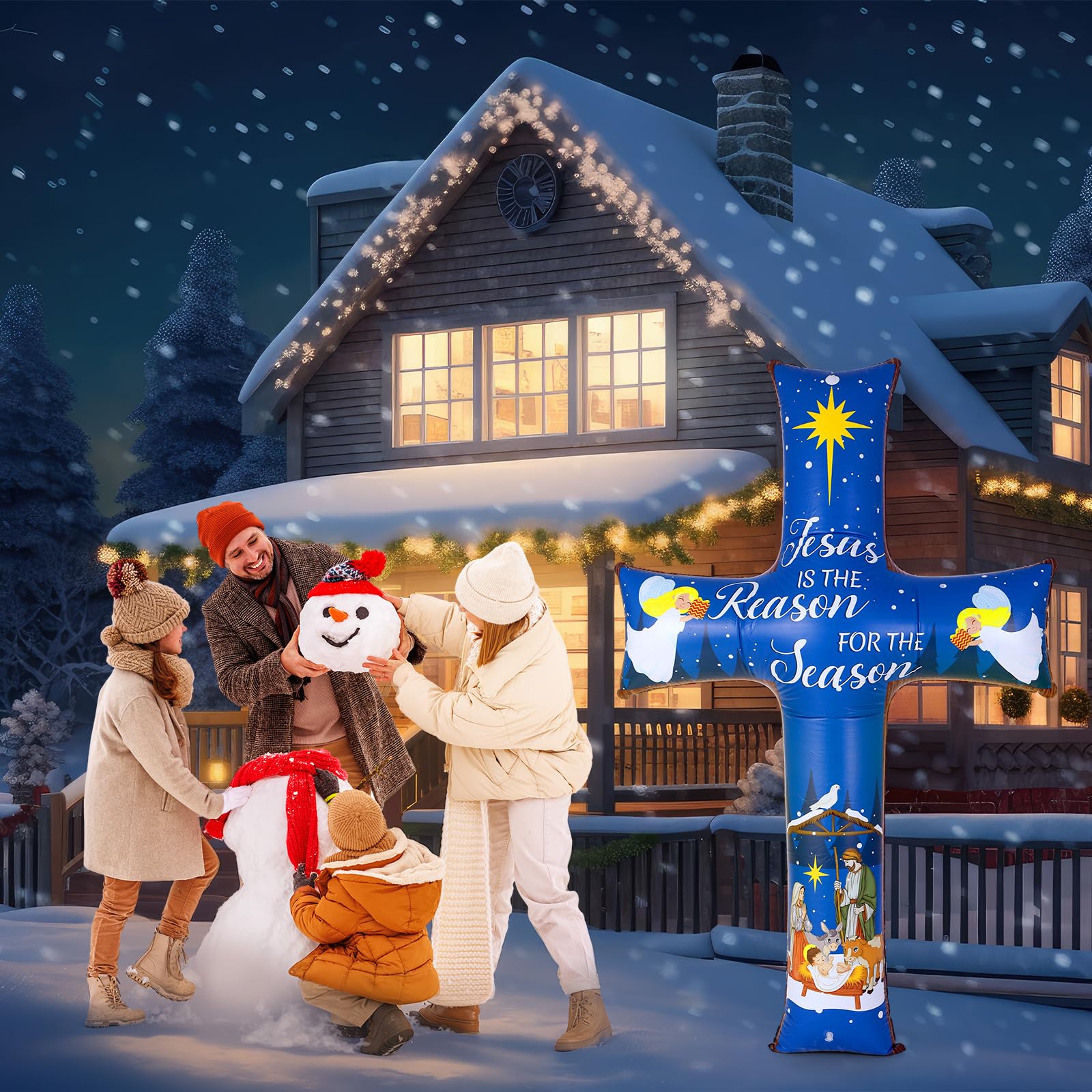 Blueweenly 6FT Christmas Inflatable Nativity Scene Decoration Cross Blow up Outdoor Decor Jesus is The Reason for The Season Chr