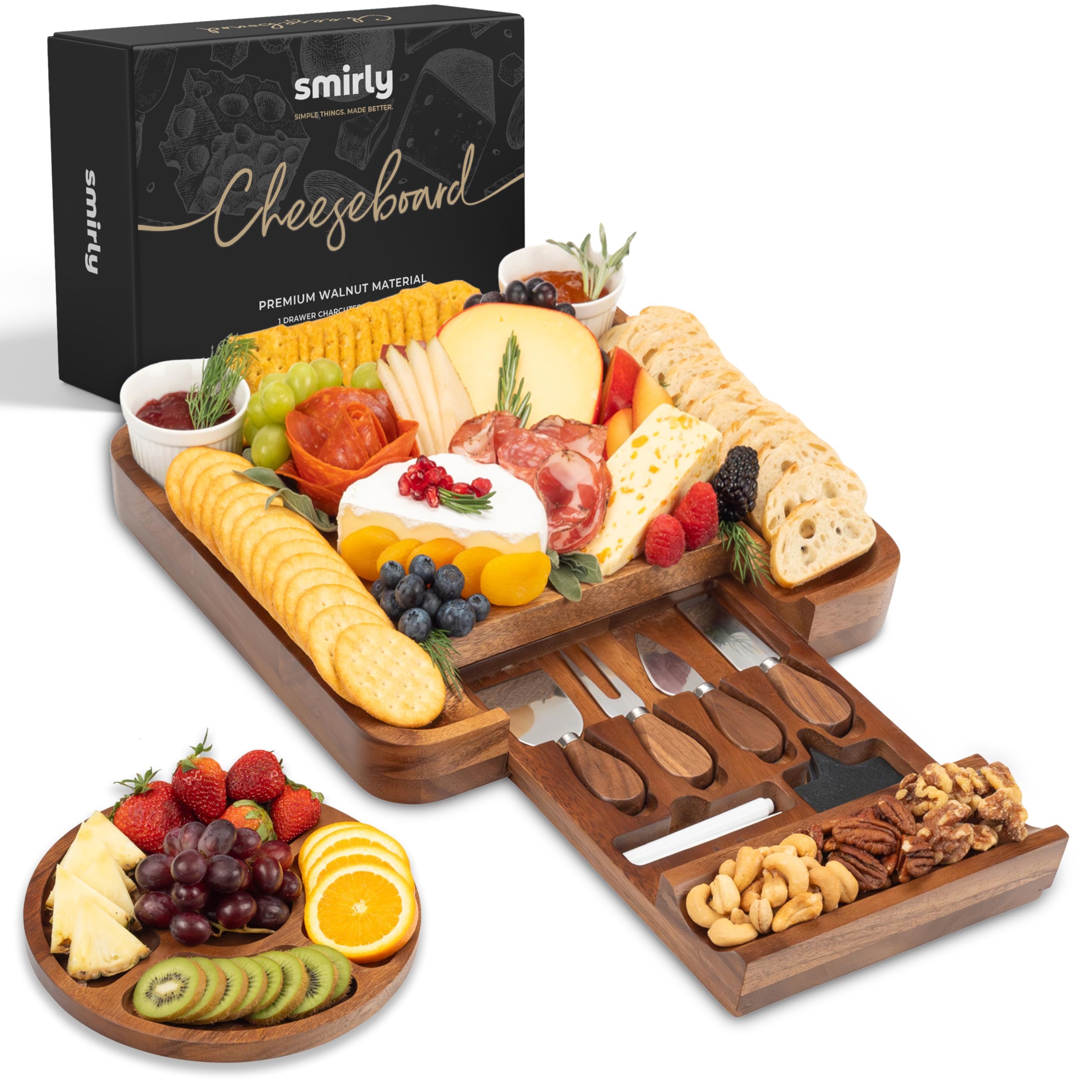 SMIRLY Charcuterie Boards Set, Large Cheese Board Set, Natural Walnut Wood Charcuterie Tray with Accessories - Housewarming Gift