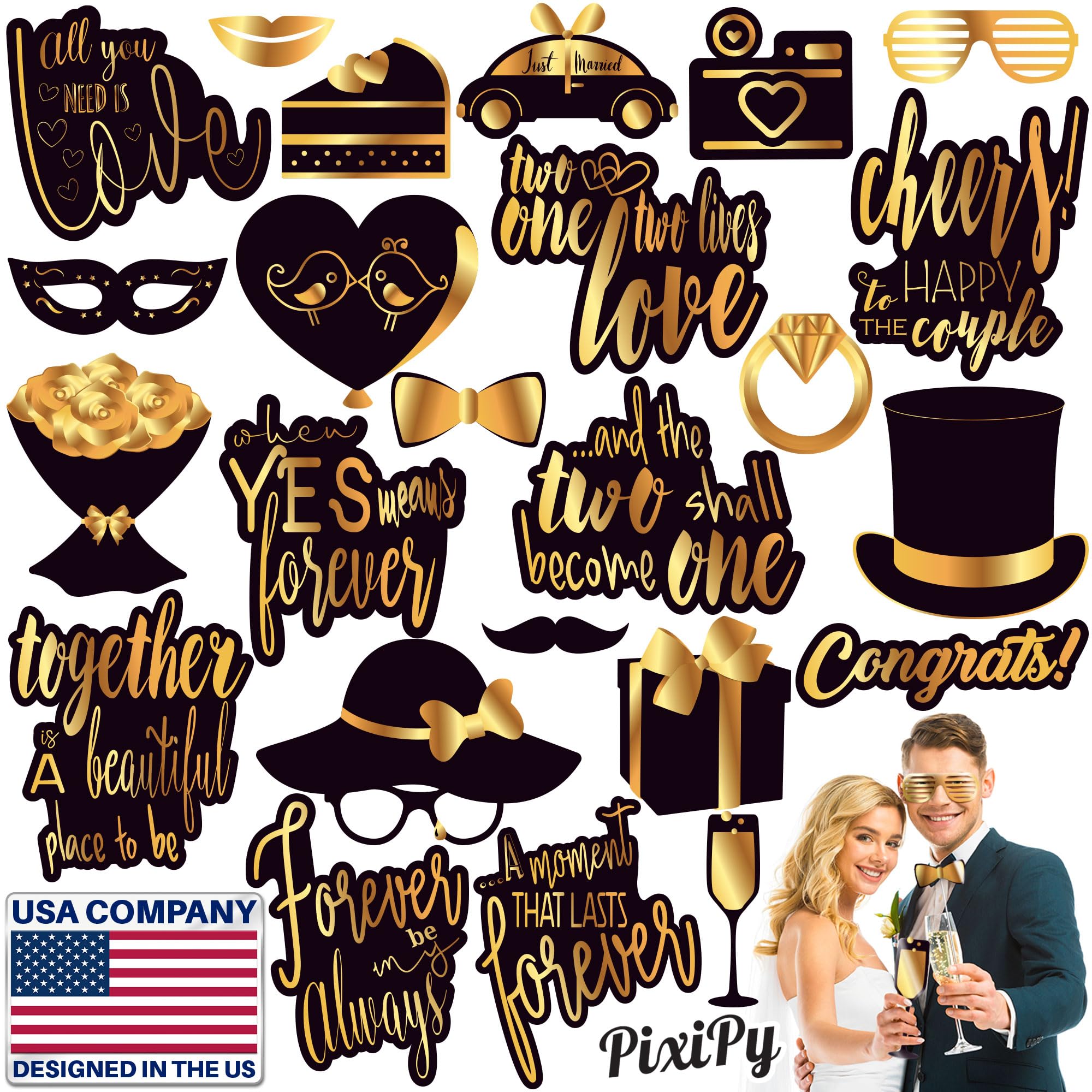 Wedding Photo Booth Props  Gold Wedding Photobooth Props and Signs  Party Favors Supplies and Decorations (24 Count)