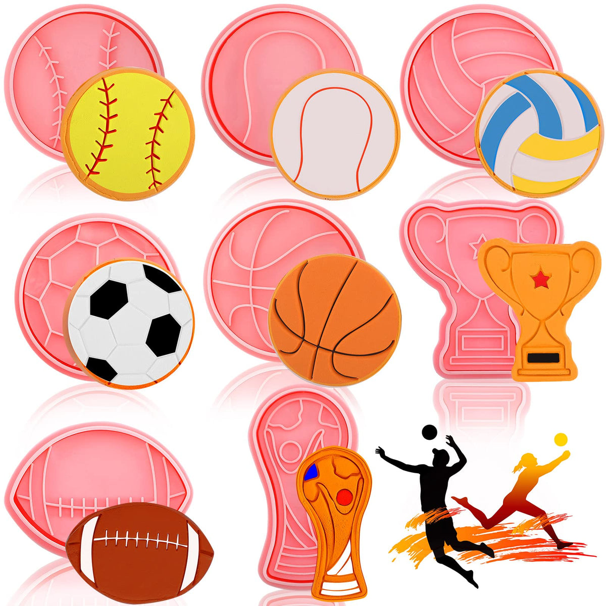 8 Pieces Sport Ball And Birthday Cookie Stamps With Plunger Cutters Set 3D Football Volleyball Soccer Basketball Cake Flower Sha