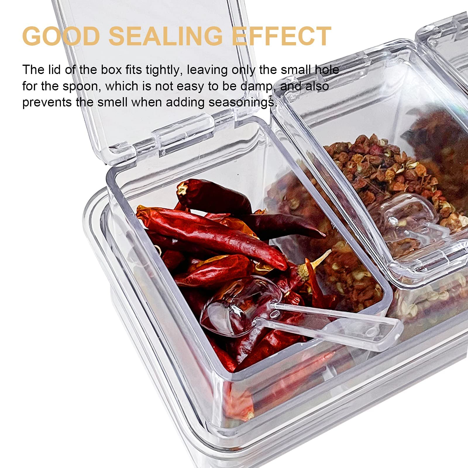 XINGWANG 2 Pieces of Kitchen Transparent Seasoning Box, Spice Jar, Plastic Storage Container, with Lid and Spoon