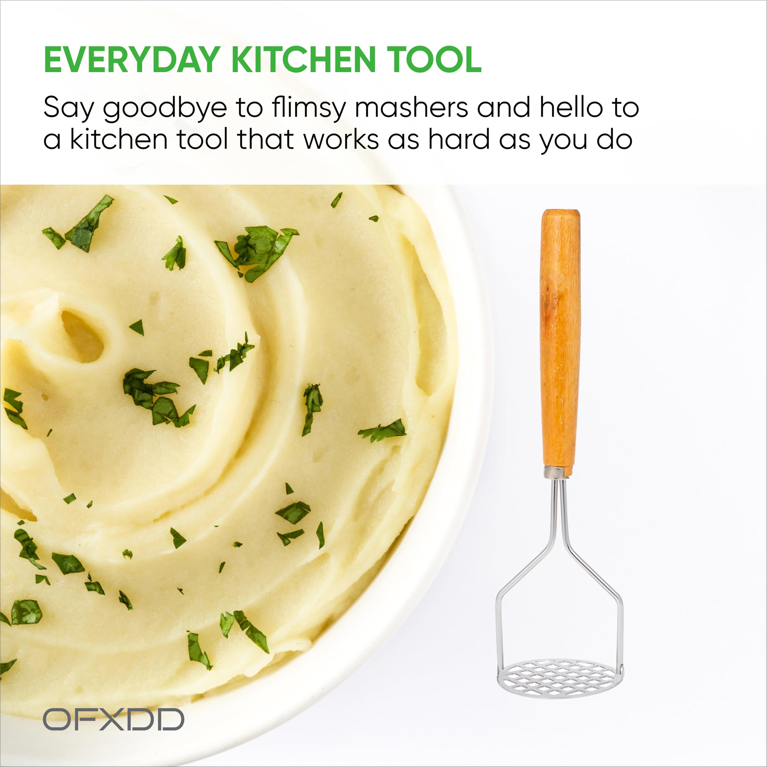 Stainless Potato Masher for Kitchen - Food Steel Masher - Single Handle Fruit Smashers - Heavy Duty Chickpea Smasher - Utensil for Mashed