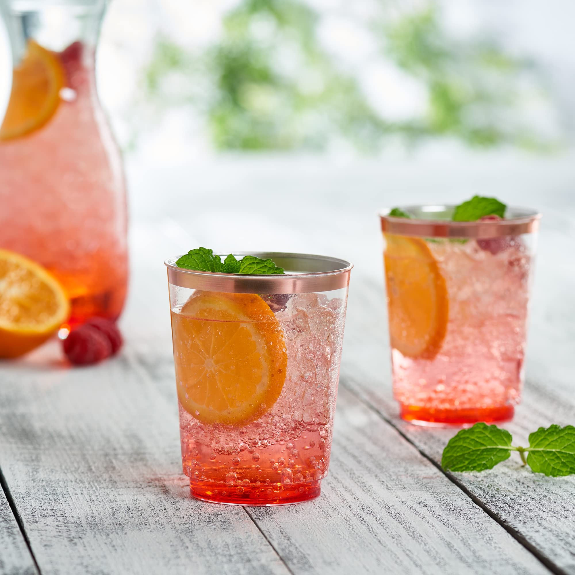 Plasticpro Disposable 8 Oz Crystal Clear Plastic Tumblers With Rose Gold Rim For Party'S & Weddings Pack Of 50