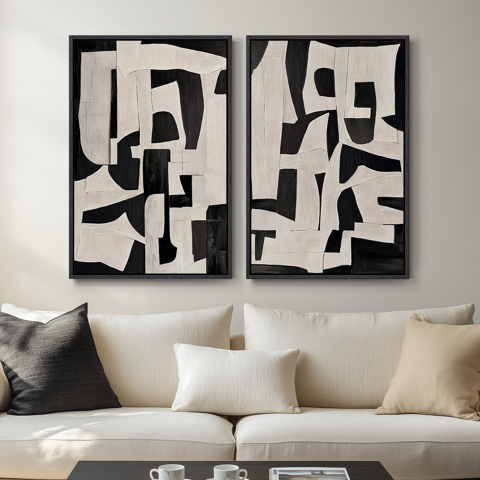 Large Framed Black And White Abstract Wall Art For Living Room, Set Of 2 Piece Minimalist Canvas Paintings Artwork For Walls, Mo