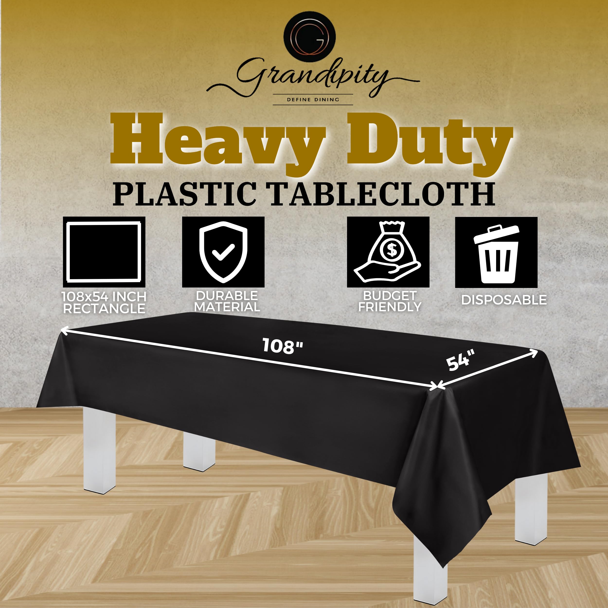 Grandipity Black Plastic Table Cloth Disposable (6 Pk) 54In X 108In Plastic Tablecloths For Rectangle Tables - Premium Party Tab