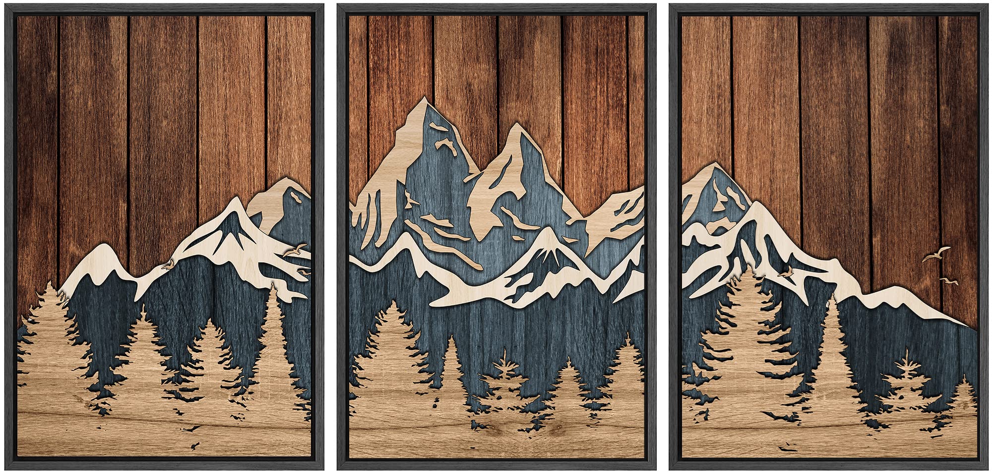 Signwin Framed Canvas Print Wall Art Set Country Wood Panel Mountain Forest Nature Wilderness Illustrations Modern Art Decorativ