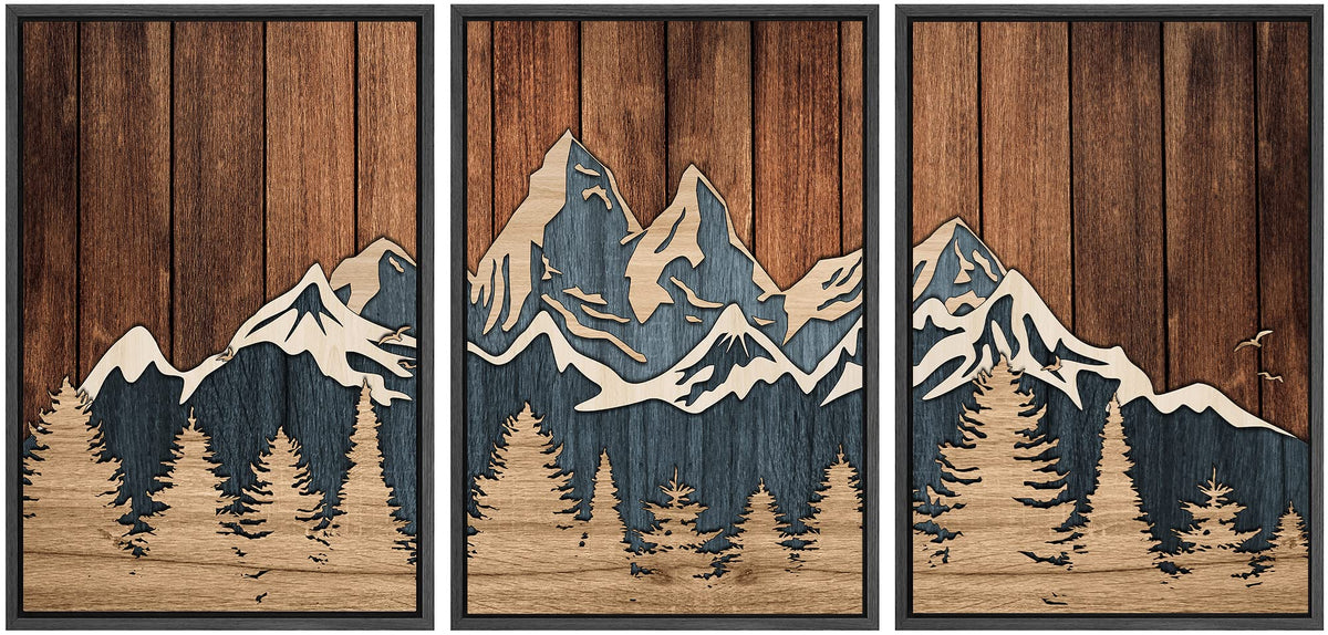 Signwin Framed Canvas Print Wall Art Set Country Wood Panel Mountain Forest Nature Wilderness Illustrations Modern Art Decorativ