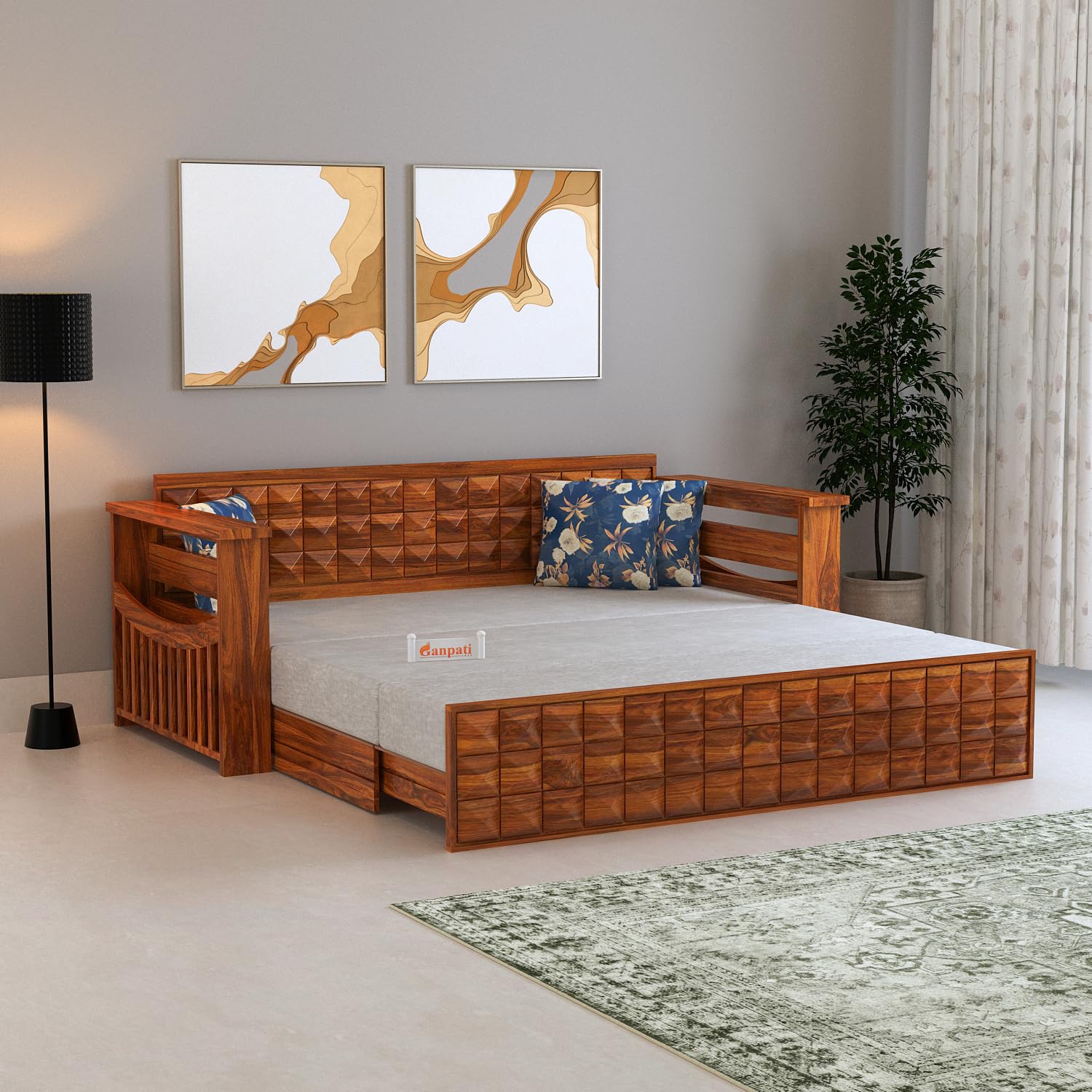 Ganpati Arts Solid Sheesham Wood Diamond 3 Seater Sofa Cum Bed With Storage And Side Pockets For Living Room Wooden Furniture So