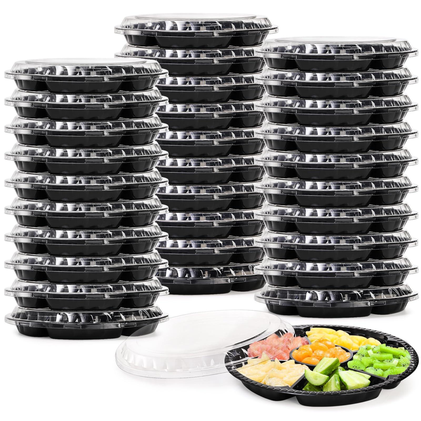 Lawei 30 Pack Plastic Appetizer Trays With Clear Lid, Round Stackable Serving Party Trays, 12 In Banquet Catering Fruit Vegetabl