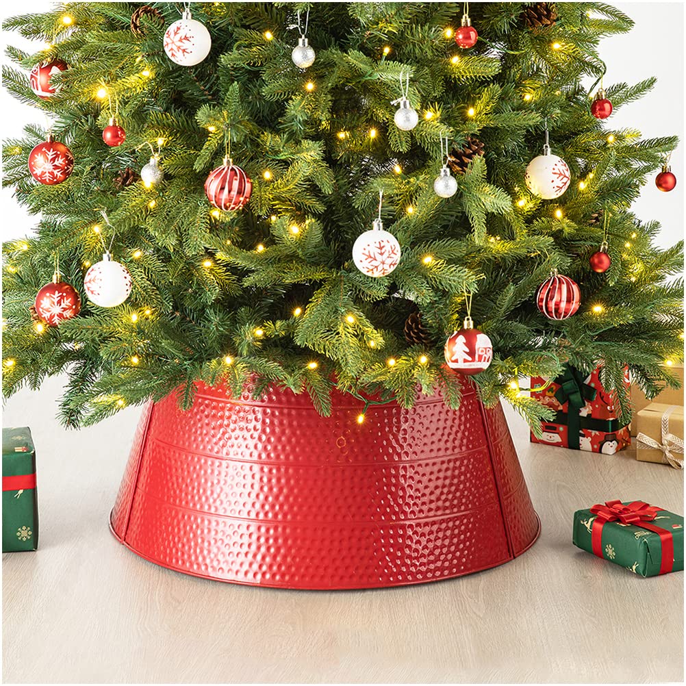Glitzhome 26 D Red Hammered Metal Tree Collar Tree Base Cover Decorative Christmas Tree Ring for Christmas Decoration