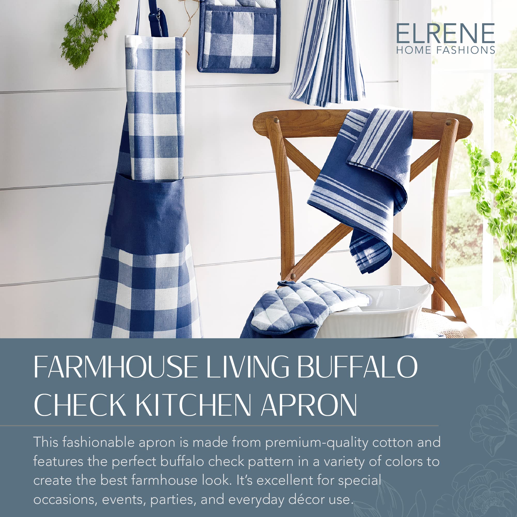 Elrene Home Fashions Farmhouse Living Buffalo-Check Kitchen Apron With Pocket, 28'' X 33'', Blue/White