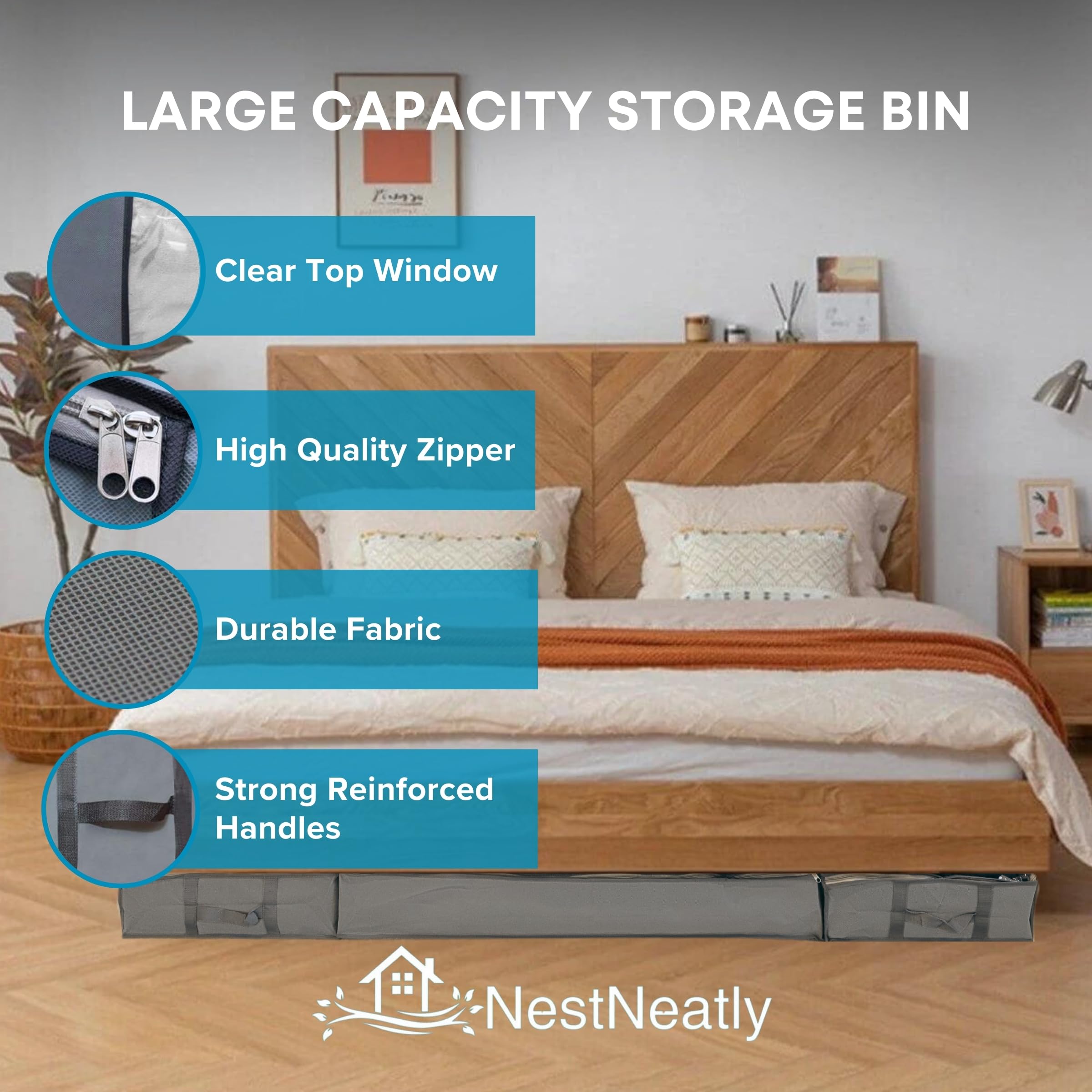 NestNeatly SmartCube Underbed Storage Bag, 3 Large Bins with Reinforced Handles Foldable Containers