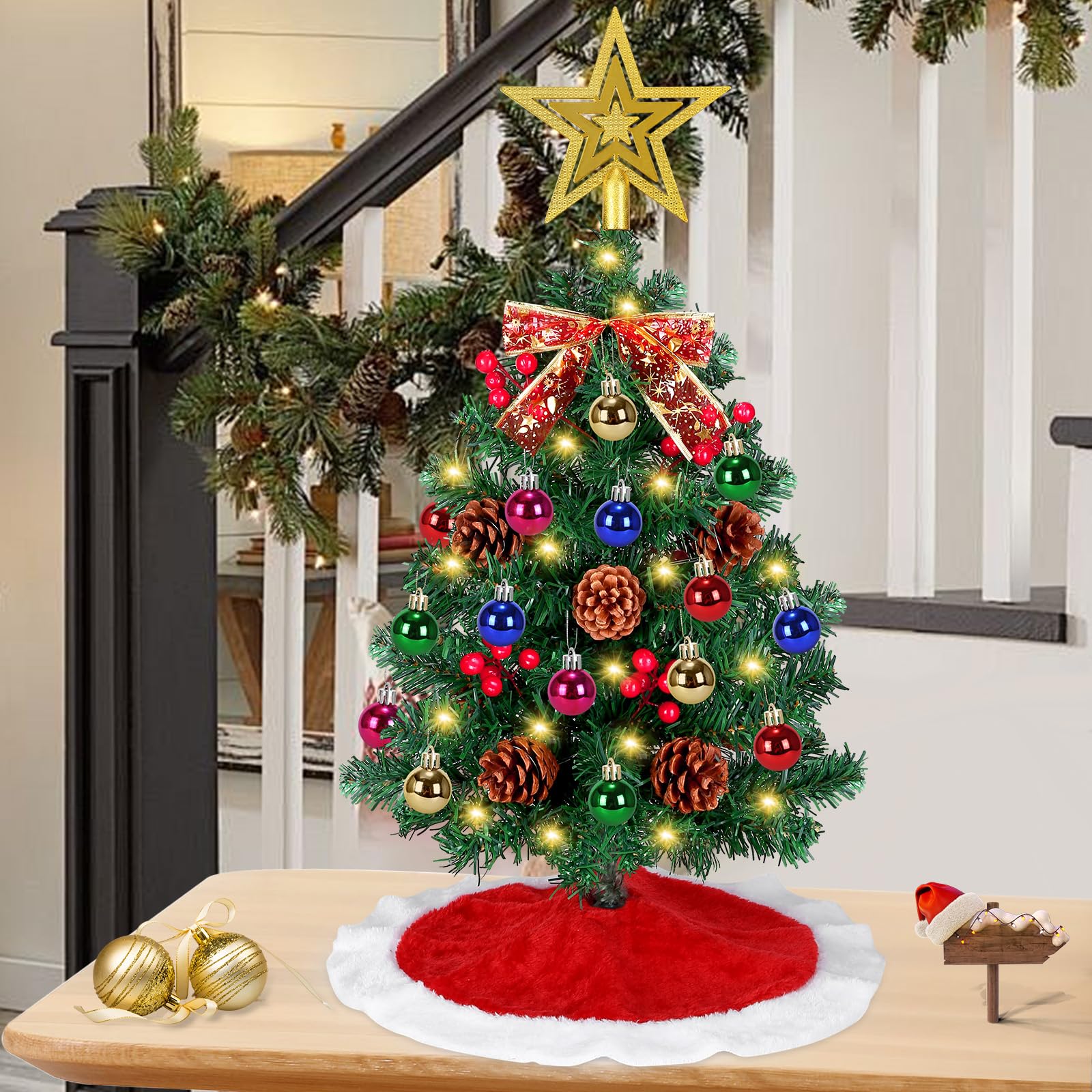 24 Inch Small Tabletop Christmas Tree with Tree Skirt, Christmas Pine Tree with 50 LED Lights, Star Treetop and Ornaments, Artif